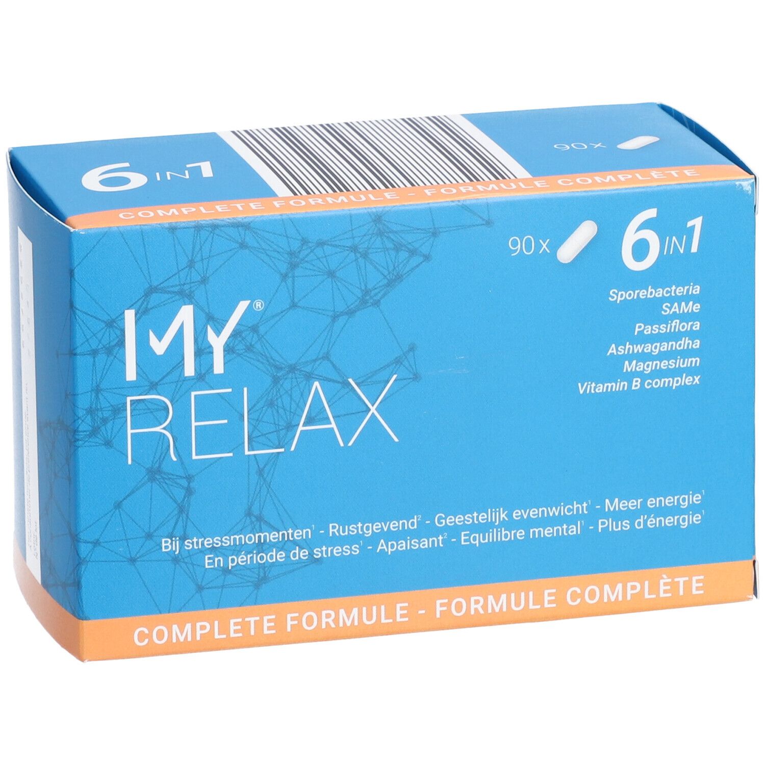 Boîte bleue "MY RELAX" avec 90 gélules et "6 en 1". Inscription: "Complete Formule".