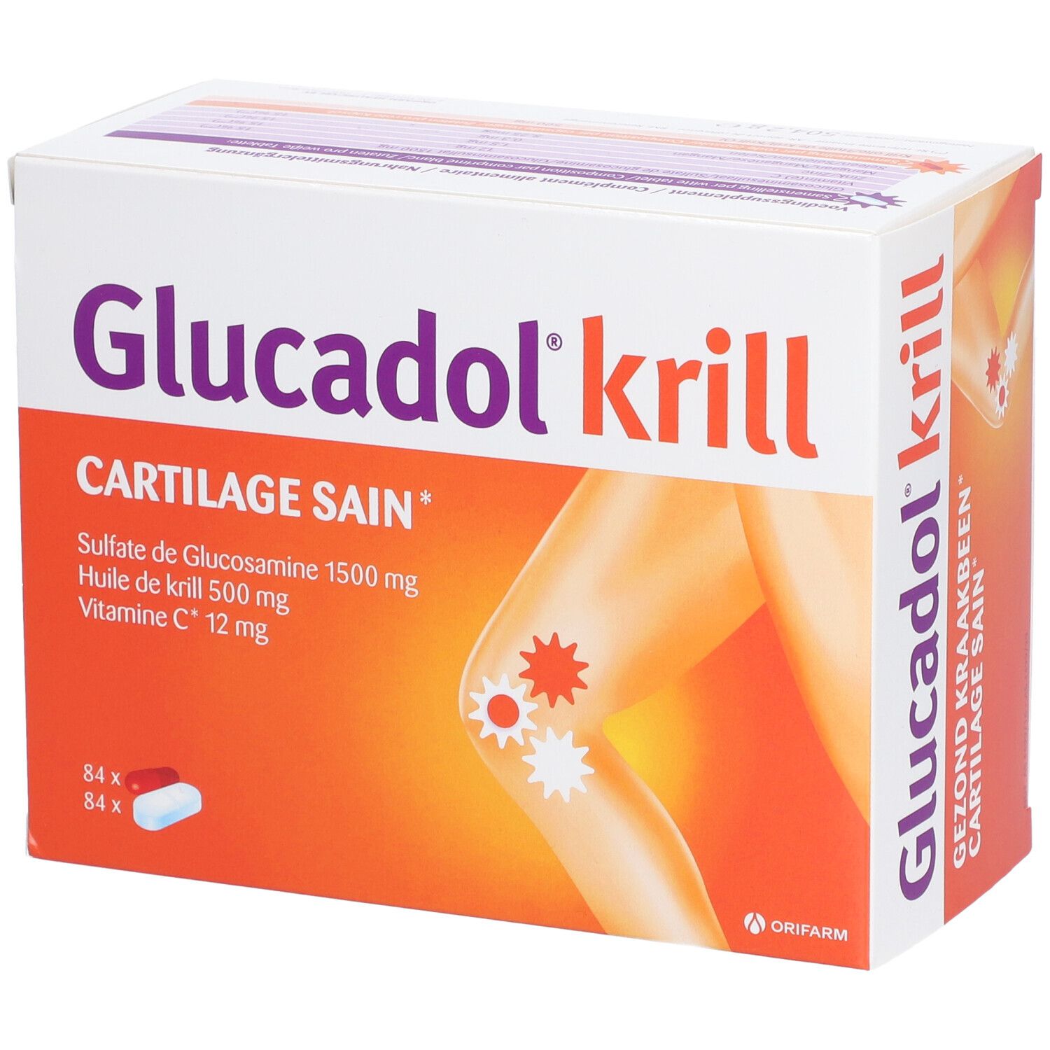 Boîte de Glucadol® Krill. Inscription: CARTILAGE SAIN, Sulfate de Glucosamine 1500 mg, Huile de krill 500 mg, Vitamine C 12 mg. 84 gélules.