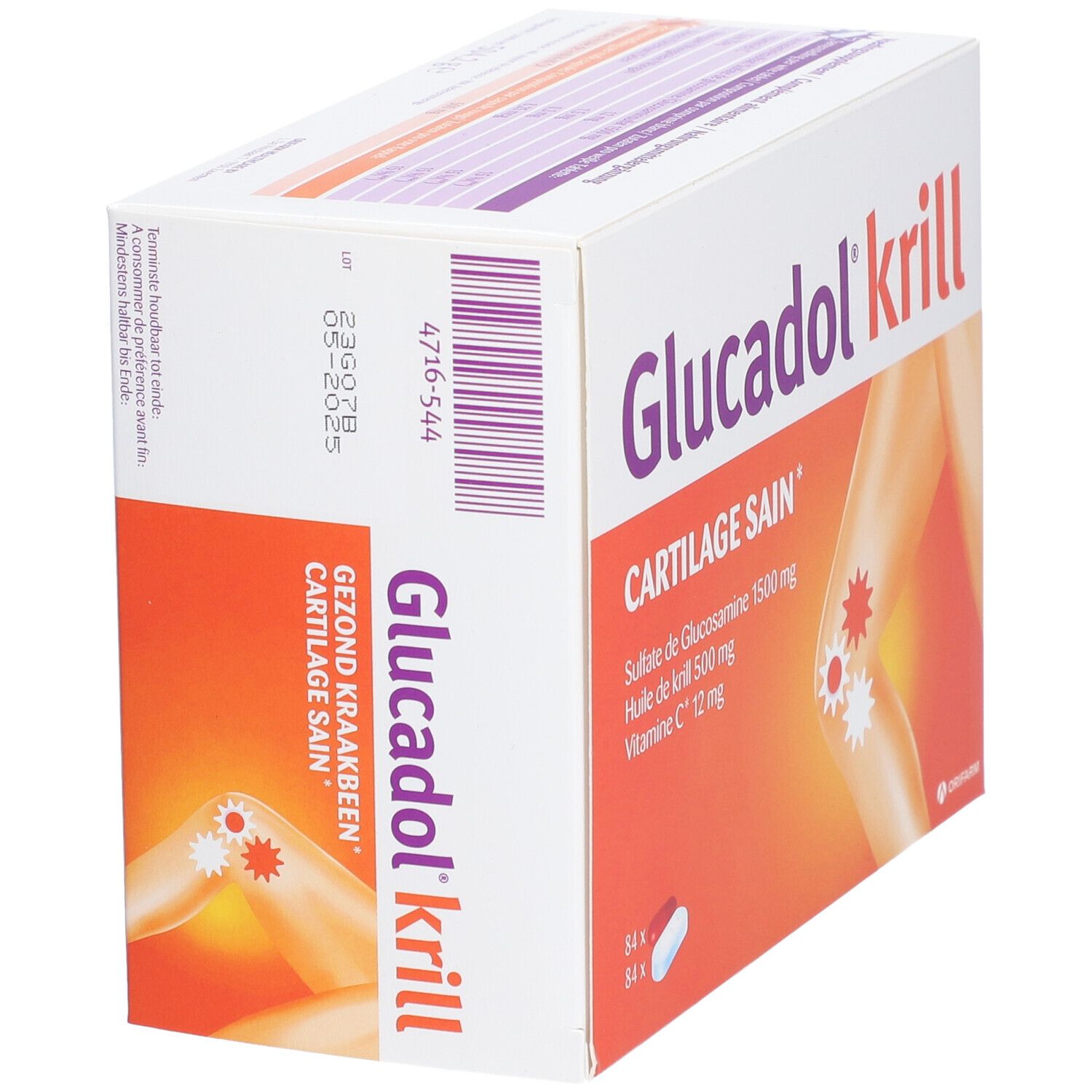 Vue en biais de la boîte Glucadol® Krill. Inscription: CARTILAGE SAIN, Sulfate de Glucosamine 1500 mg, Huile de krill 500 mg, Vitamine C 12 mg. 84 gélules.