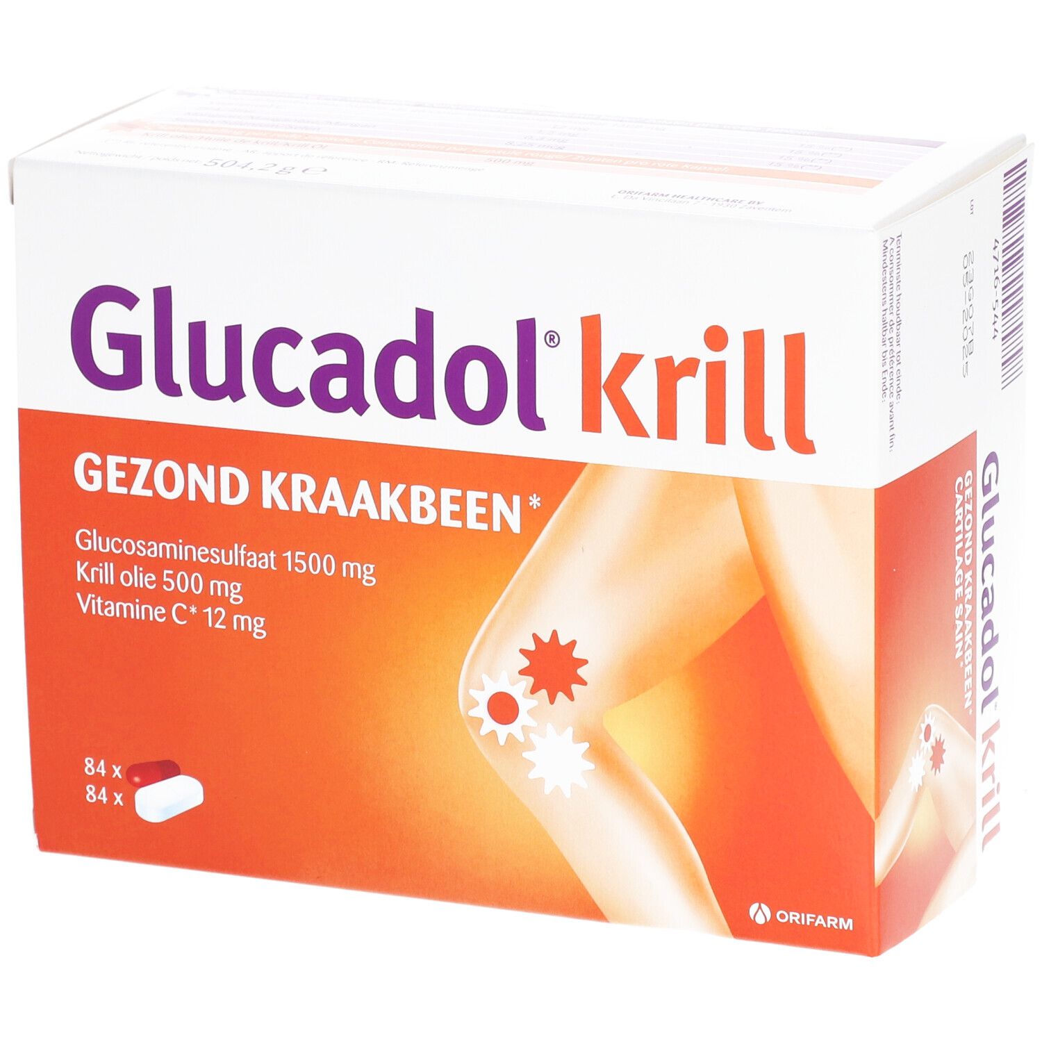 Boîte de Glucadol® Krill. Inscription: GEZOND KRAAKBEEN, Glucosaminesulfaat 1500 mg, Huile de krill 500 mg, Vitamine C 12 mg. 84 gélules.