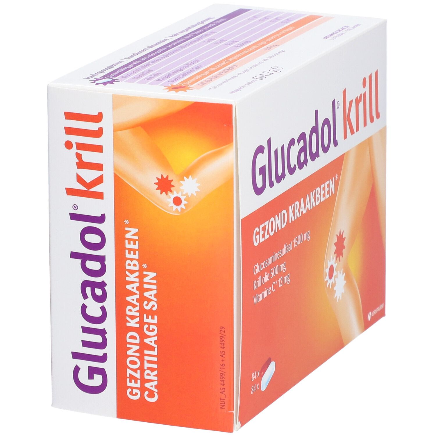 Vue en biais de la boîte Glucadol® Krill. Inscription: GEZOND KRAAKBEEN, Glucosaminesulfat 1500 mg, Huile de krill 500 mg, Vitamine C 12 mg. 84 gélules.