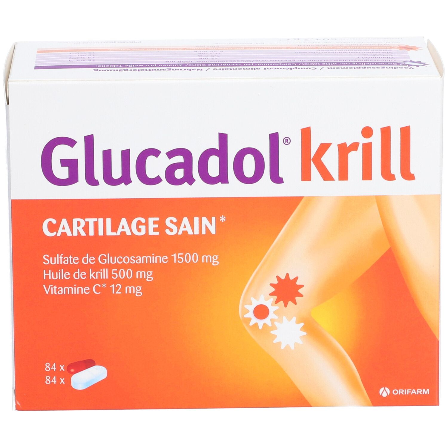 Boîte de Glucadol® Krill. Inscription: CARTILAGE SAIN, Sulfate de Glucosamine 1500 mg, Huile de krill 500 mg, Vitamine C 12 mg. 84 gélules.