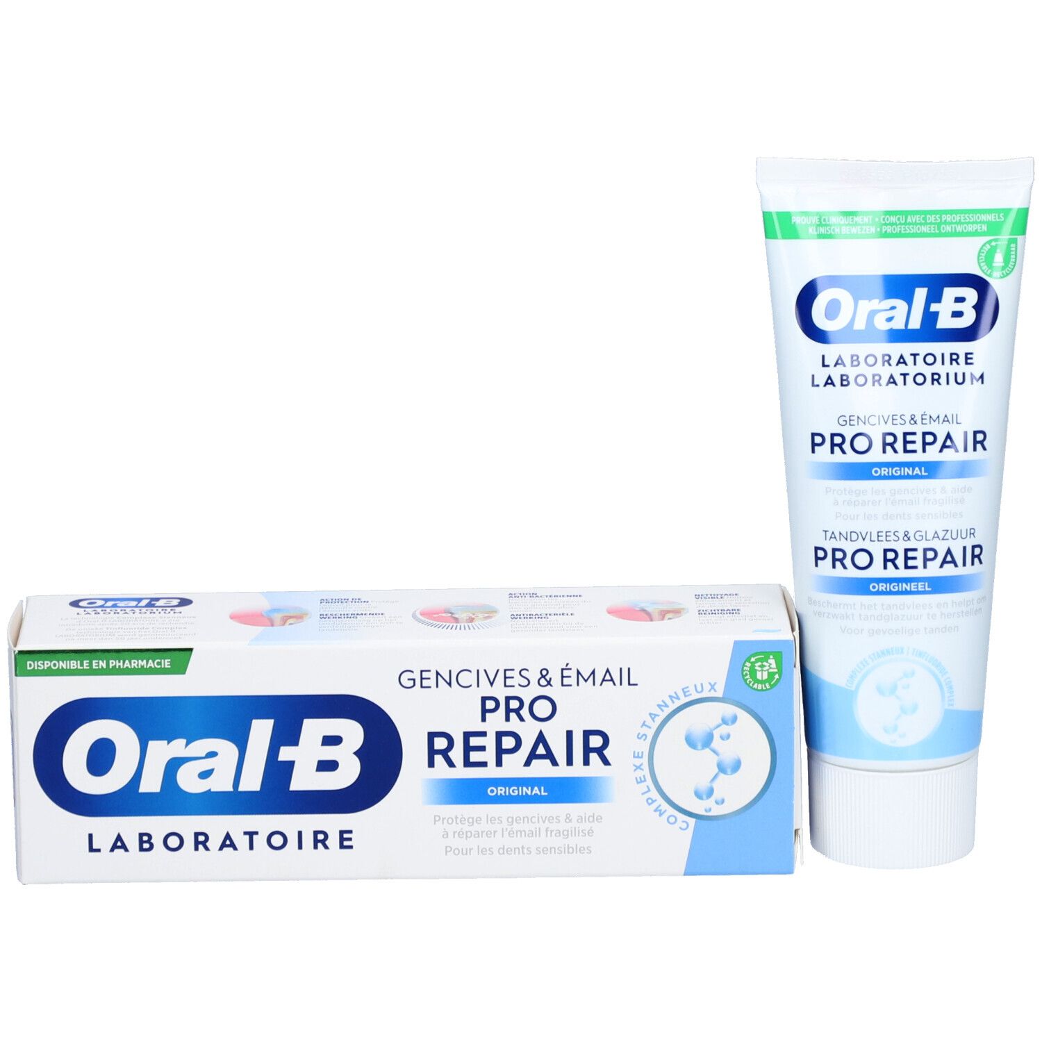 Zahnpasta-Tube und Schachtel. Aufschrift: Oral-B, Pro Repair. Weiße Tube und Schachtel mit blauer Schrift.