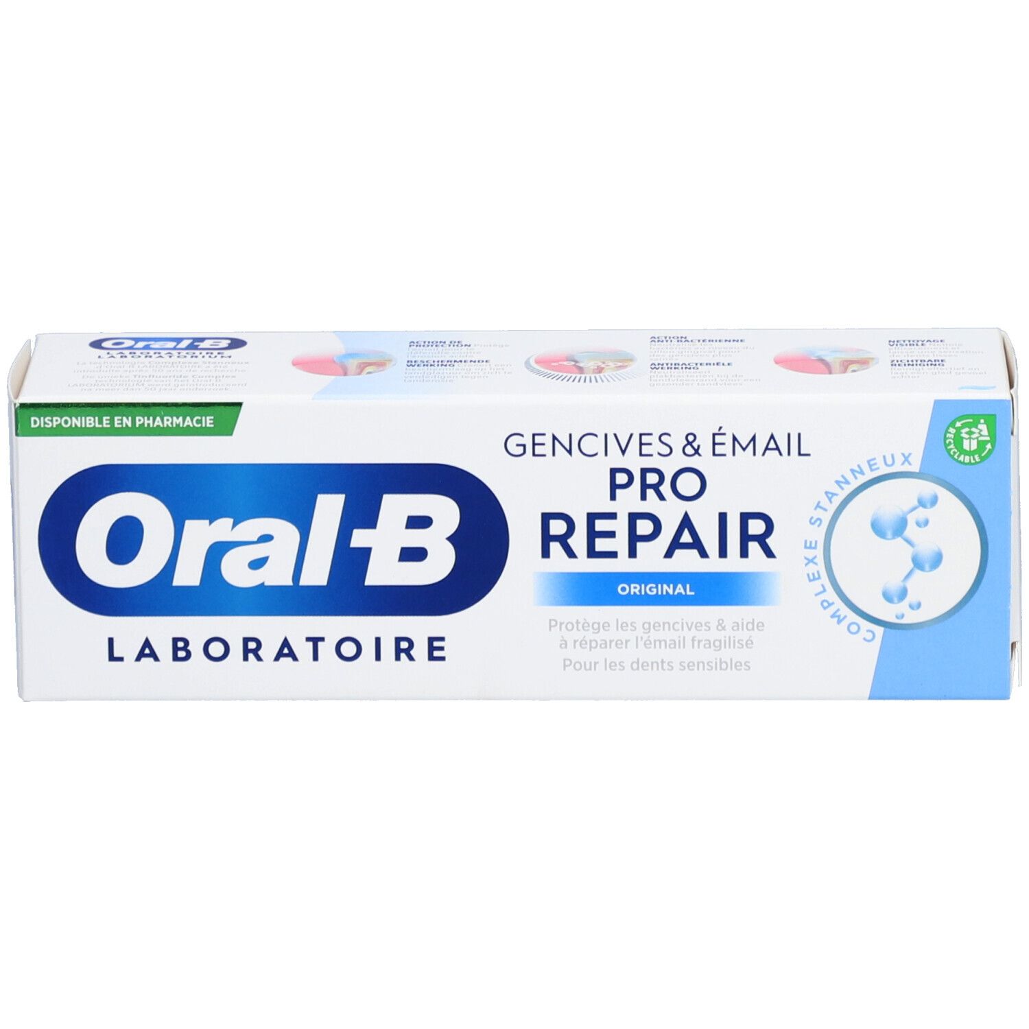 Schachtel mit Aufschrift: Oral-B, Pro Repair. Blaue und weiße Farbgebung. Verfügbar in der Apotheke.