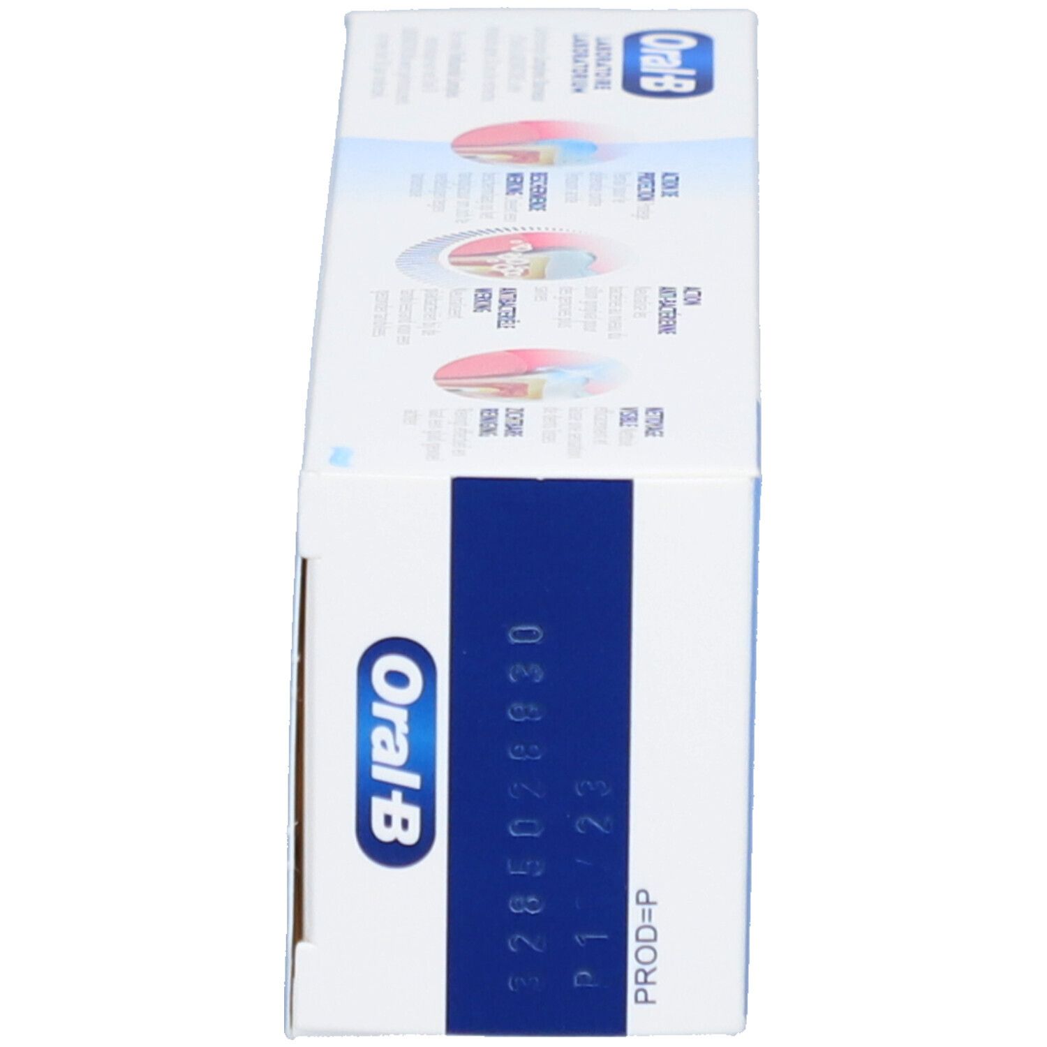 Seitenansicht der Schachtel. Aufschrift: Oral-B. Weiße Schachtel mit blauer Schrift. Produktionsdatum.