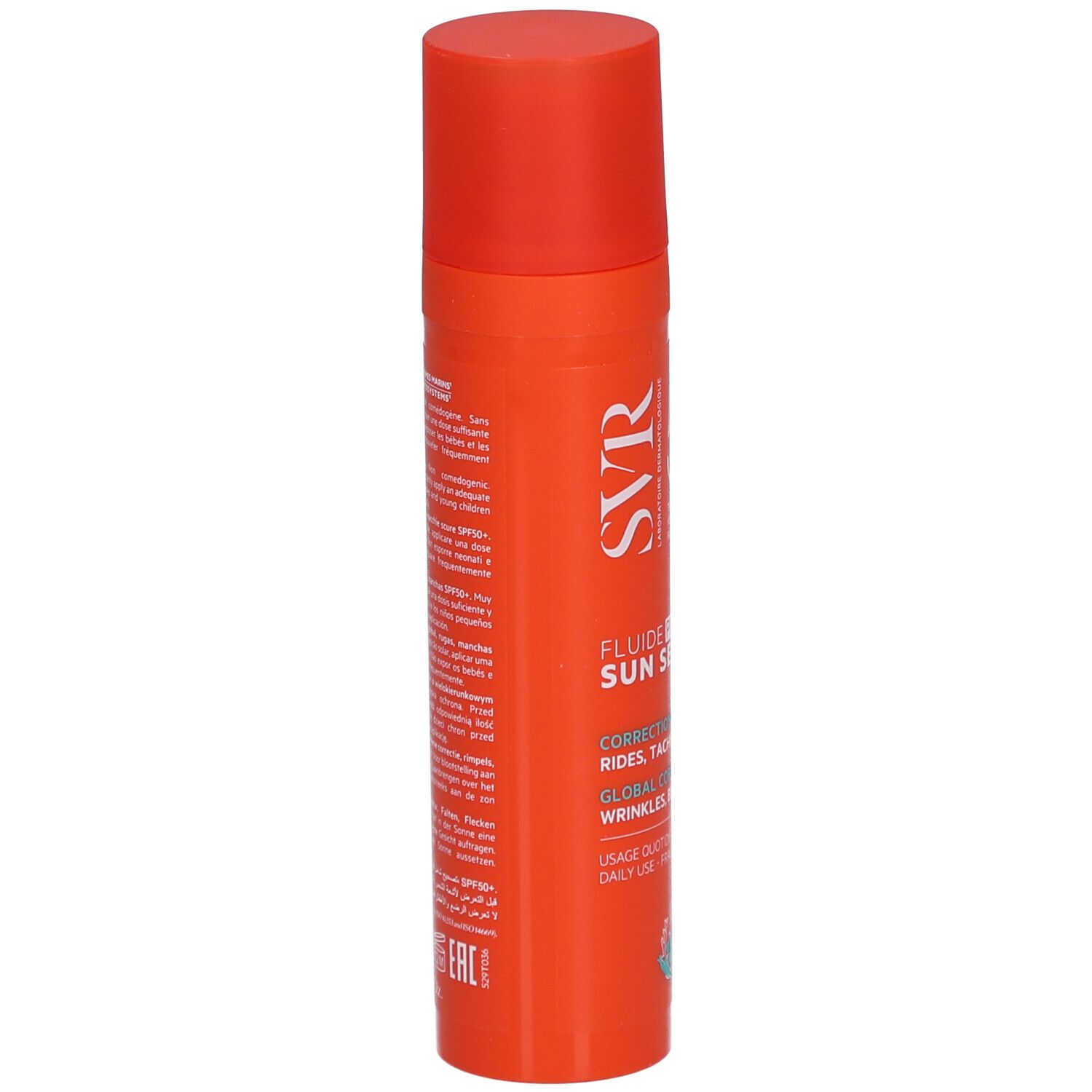 Orangefarbene Flasche mit rotem Deckel. Text auf der Seite: SVR, Sun Secure Fluide Photo-Age.