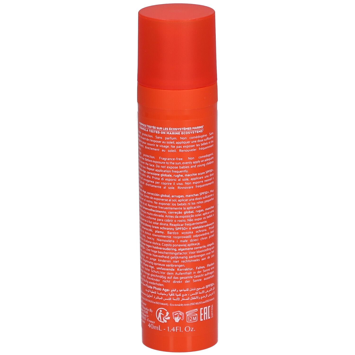 Orangefarbene Flasche mit rotem Deckel. Rückseite mit Text. Aufschrift: SVR, Sun Secure Fluide Photo-Age.