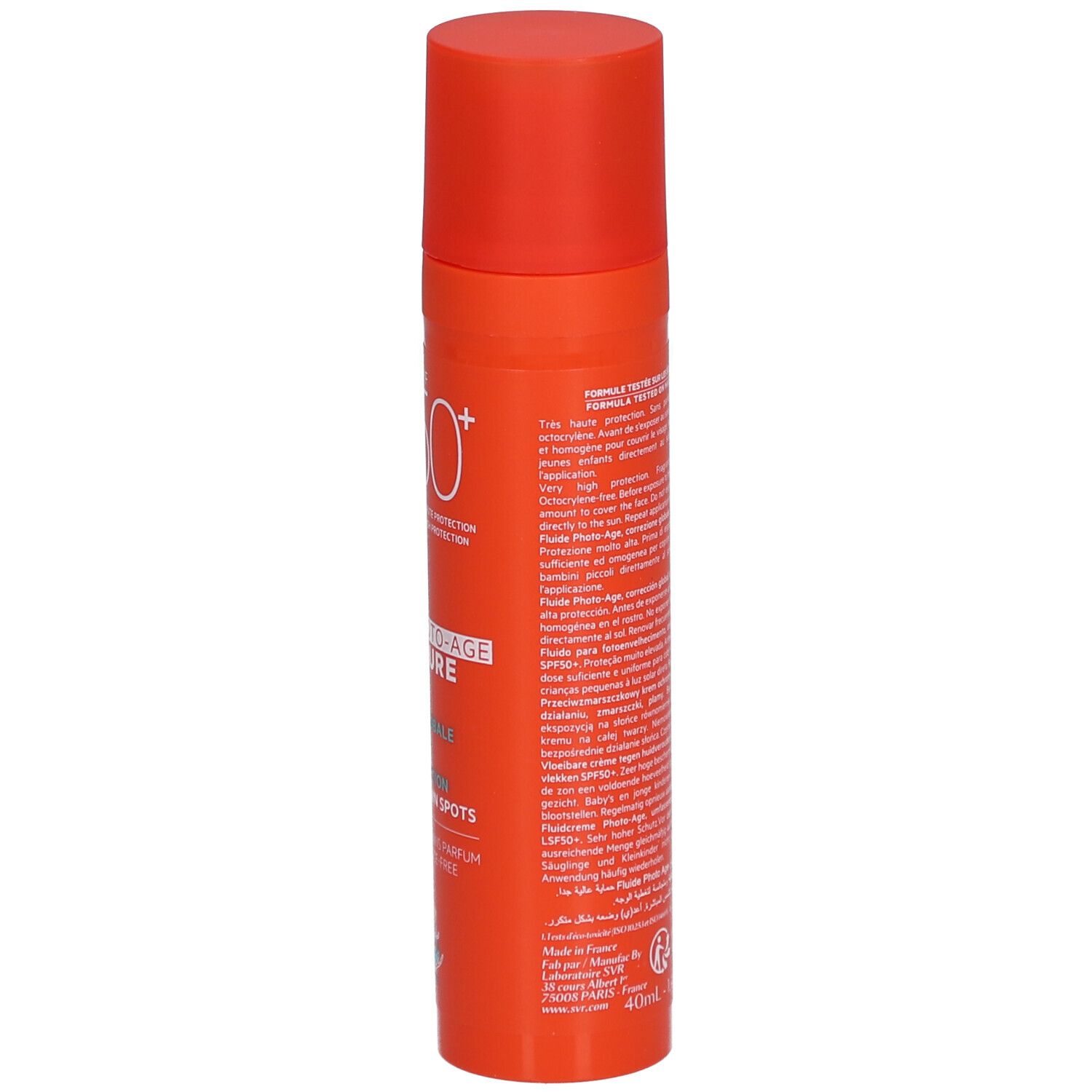 Orangefarbene Flasche mit rotem Deckel. Text auf der Seite: SVR, Sun Secure Fluide Photo-Age.