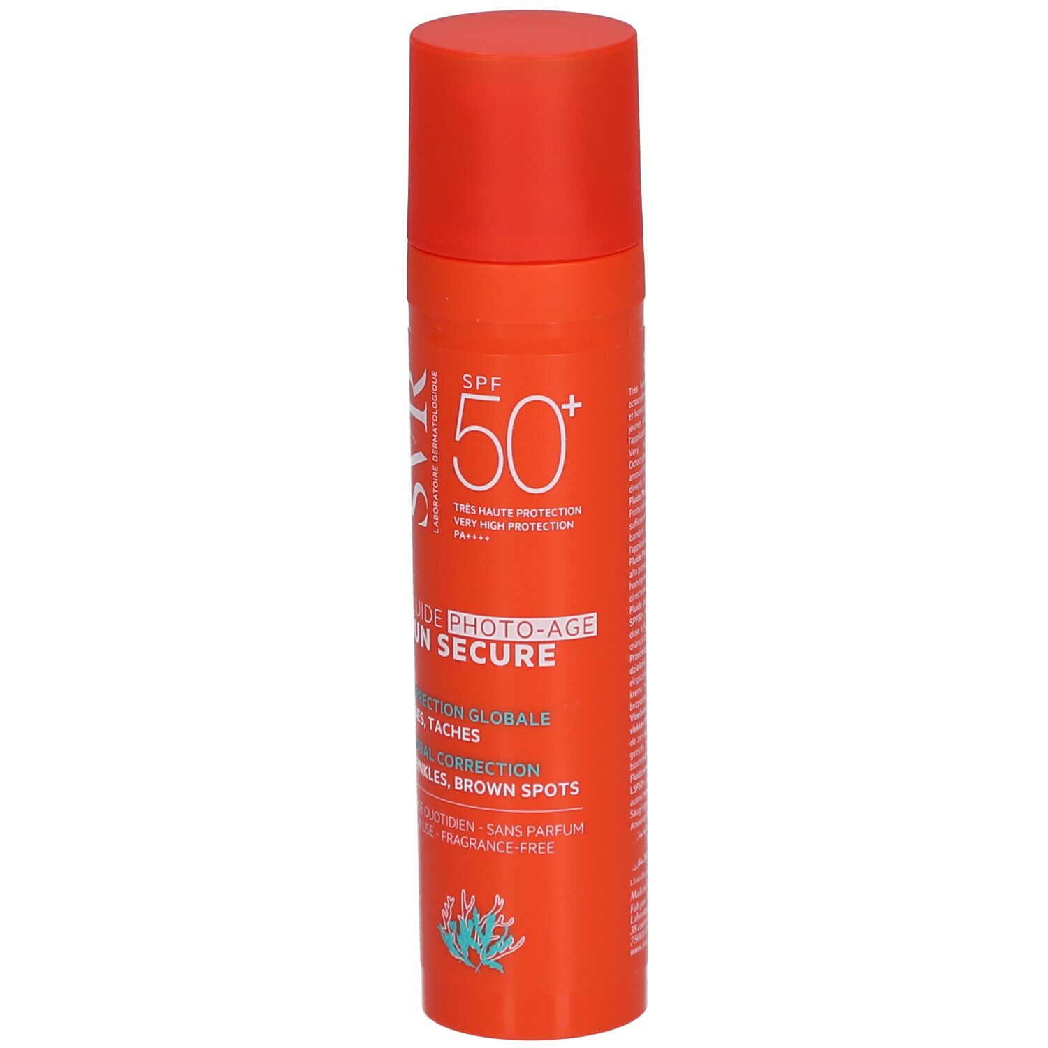 Orangefarbene Flasche mit rotem Deckel. Aufschrift: SVR, Sun Secure Fluide Photo-Age SPF50+.