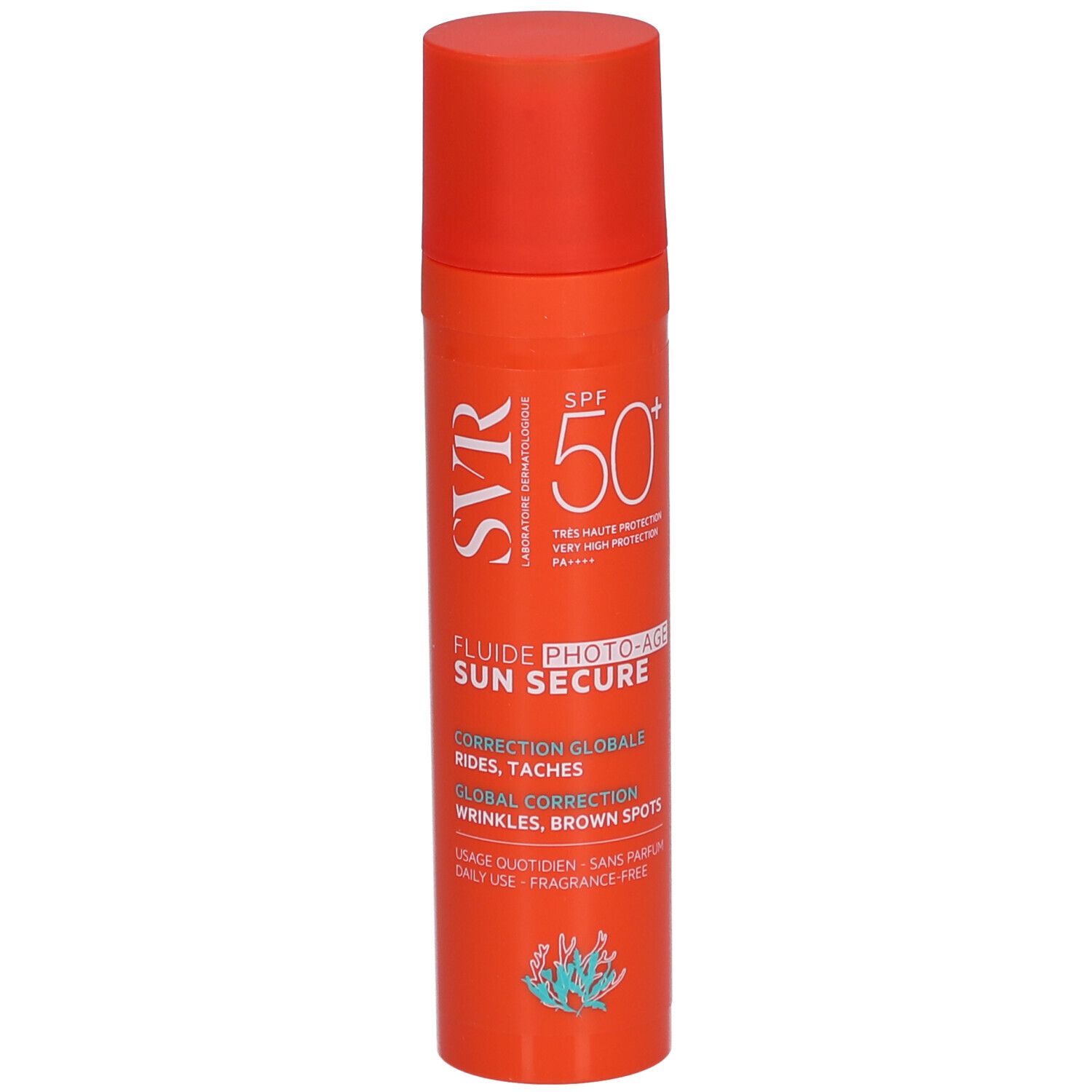 Orangefarbene Flasche mit rotem Deckel. Aufschrift: SVR, Sun Secure Fluide Photo-Age SPF50+.