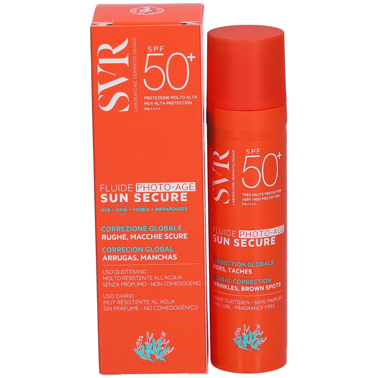 Orangefarbene Schachtel und Flasche. Aufschrift: SVR, Sun Secure Fluide Photo-Age SPF50+.