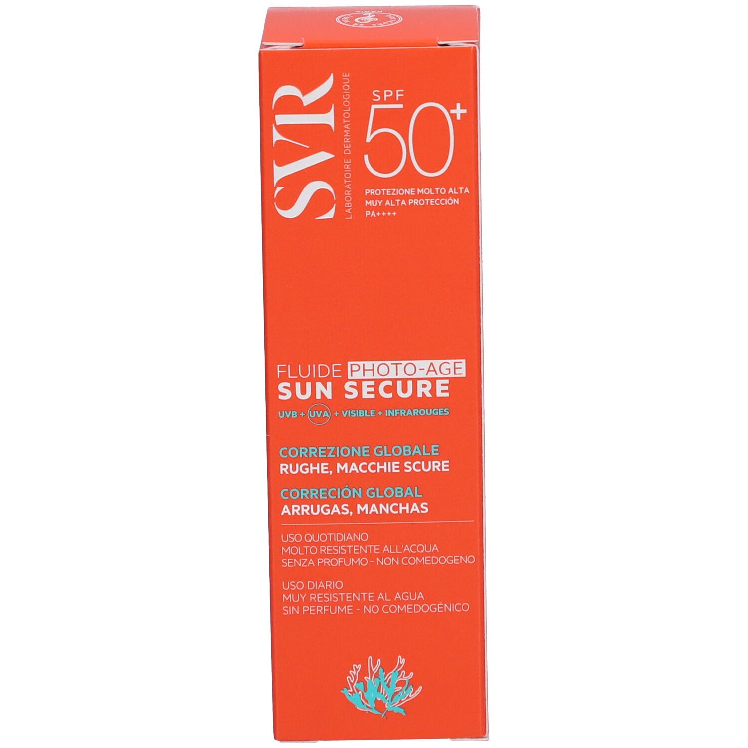Orangefarbene Schachtel. Aufschrift: SVR, Sun Secure Fluide Photo-Age SPF50+.