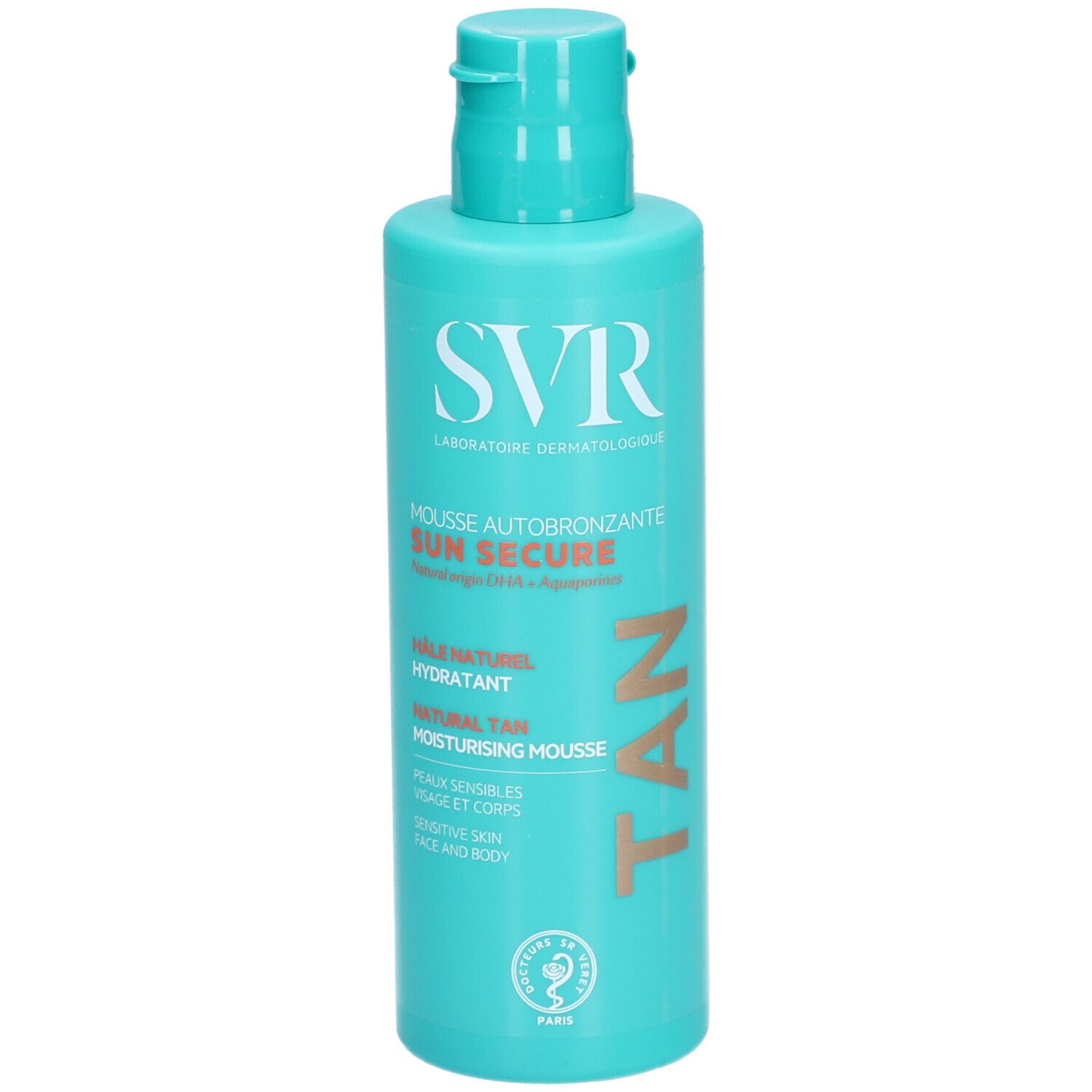 Flacon turquoise avec texte blanc. Inscription : SVR, Mousse Autobronzante Sun Secure, Natural Tan, Moisturising Mousse. Avec le mot TAN.