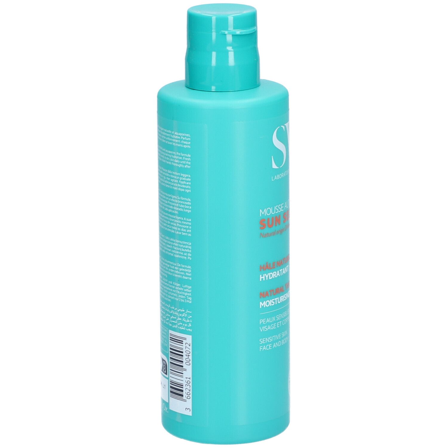 Flacon turquoise avec texte blanc. Inscription : SVR, Mousse Autobronzante Sun Secure, Natural Tan, Moisturising Mousse. Avec le mot TAN.