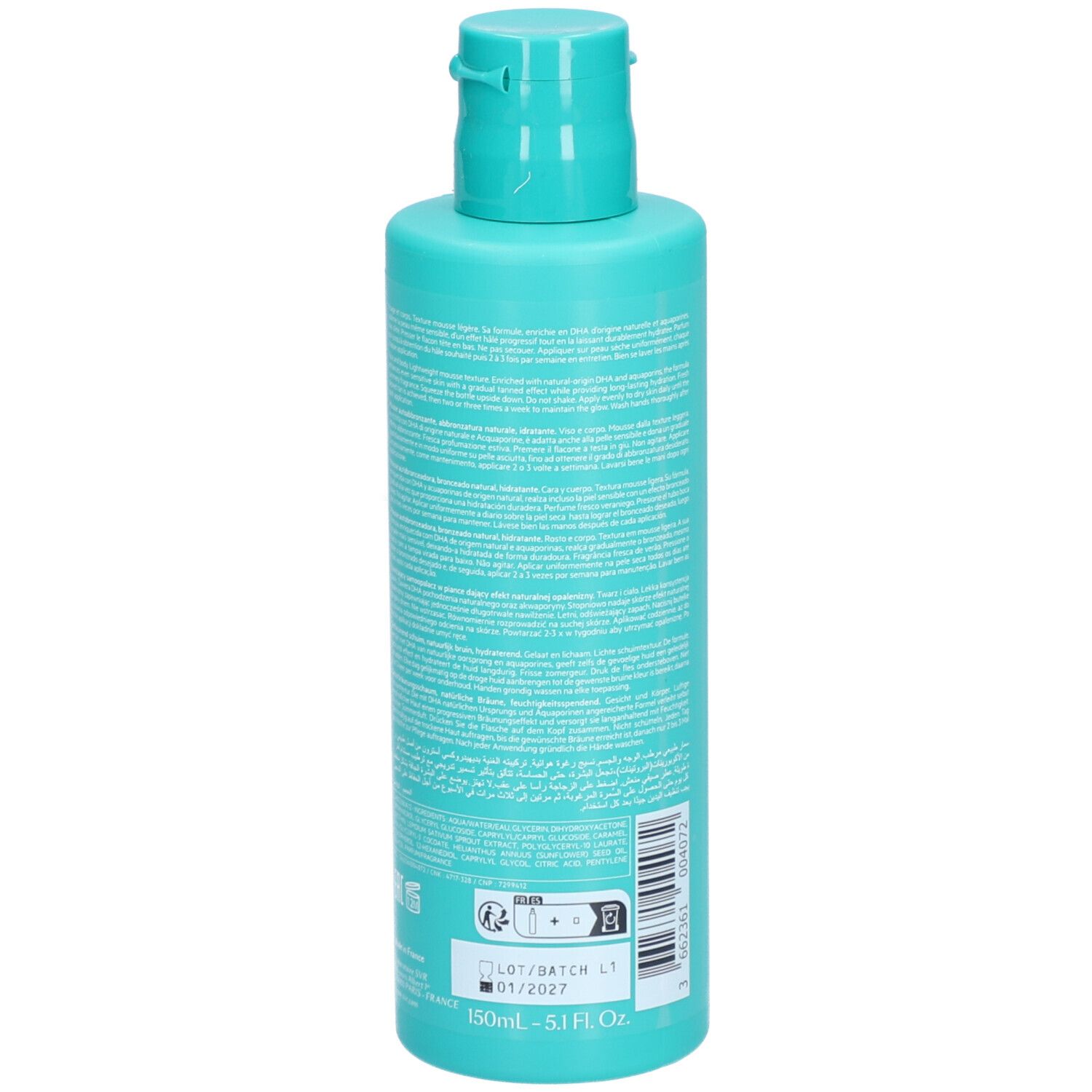 Flacon turquoise avec texte blanc. Inscription : SVR, Mousse Autobronzante Sun Secure, Natural Tan, Moisturising Mousse. Avec le mot TAN.