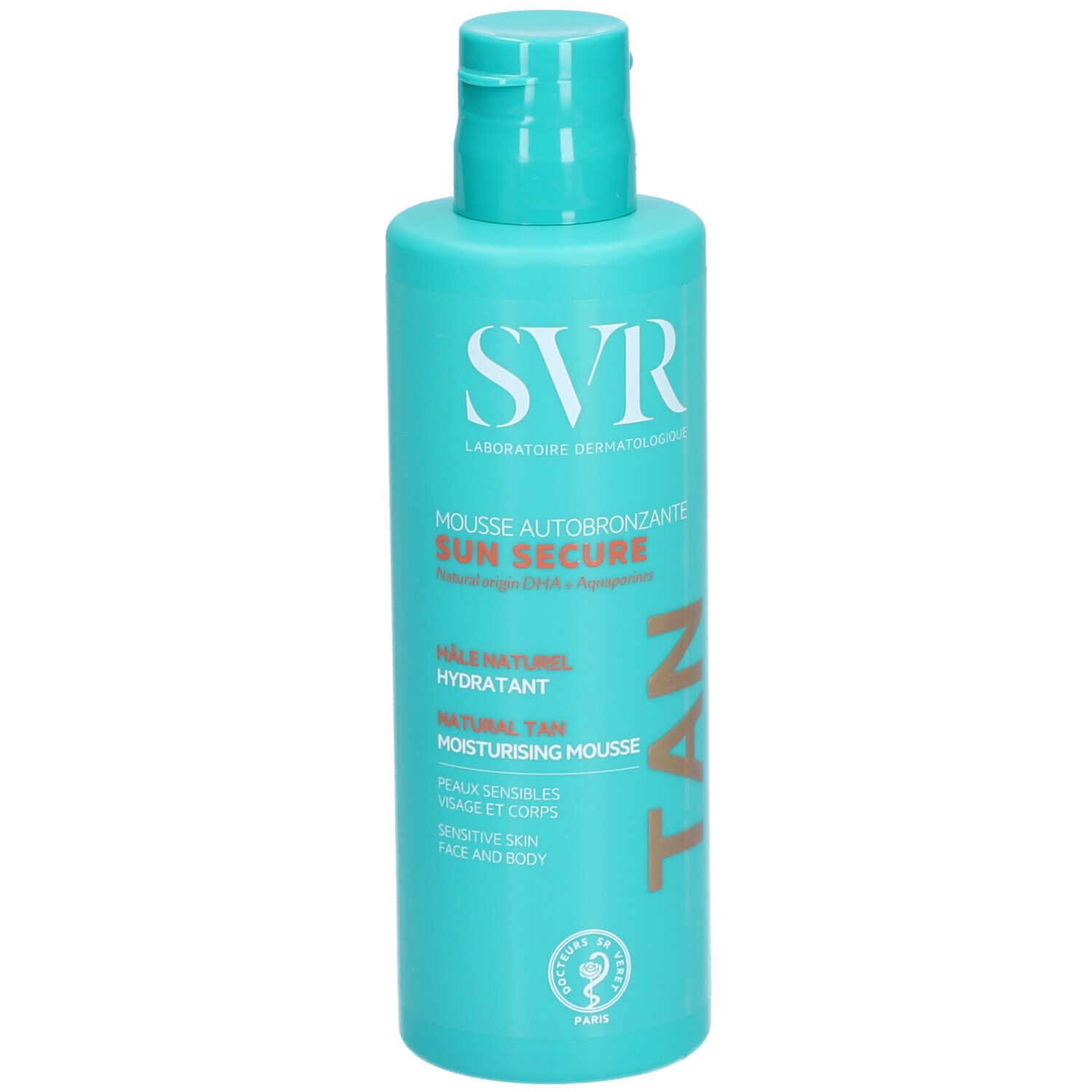 Flacon turquoise avec texte blanc. Inscription : SVR, Mousse Autobronzante Sun Secure, Natural Tan, Moisturising Mousse. Avec le mot TAN.