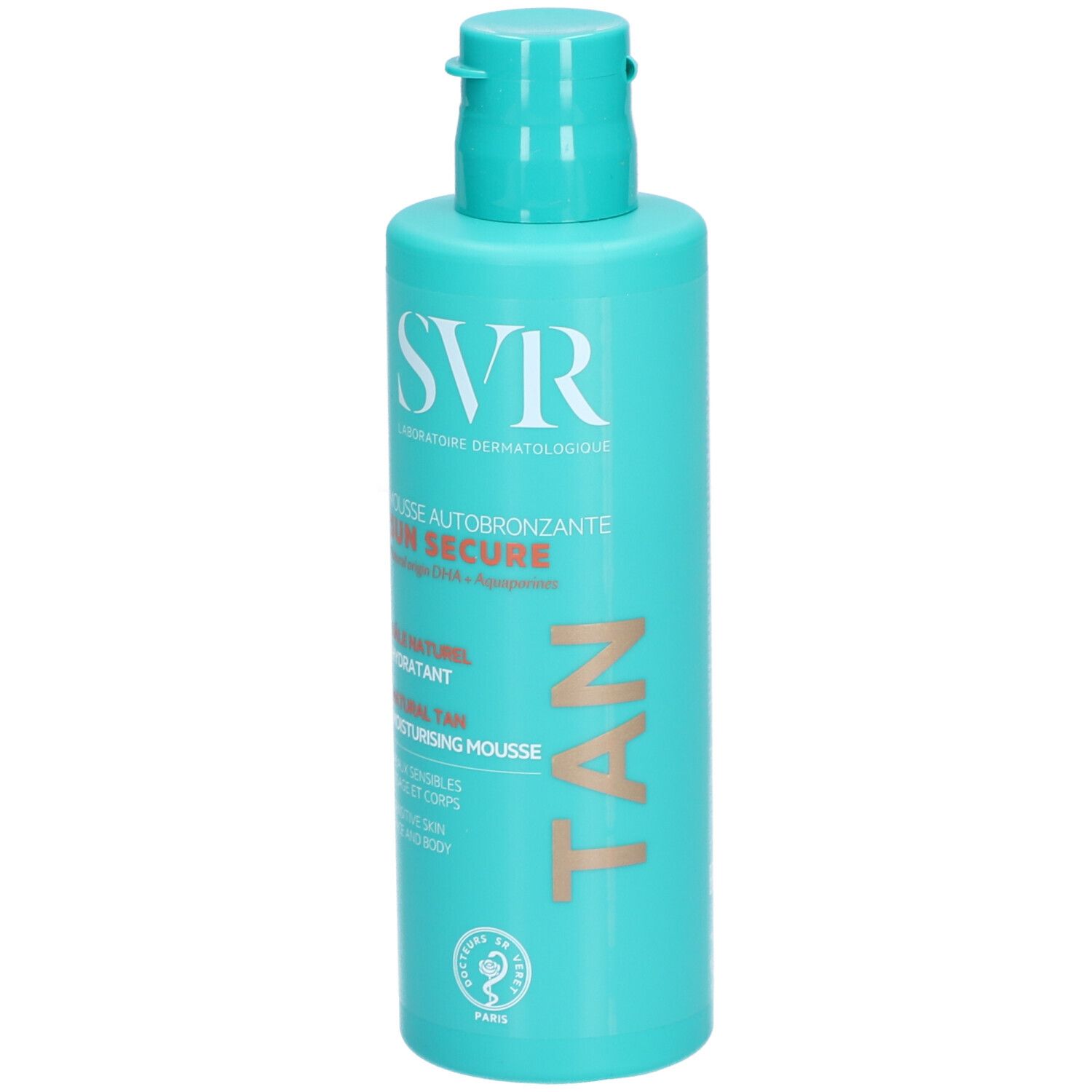 Flacon turquoise avec texte blanc. Inscription : SVR, Mousse Autobronzante Sun Secure, Natural Tan, Moisturising Mousse. Avec le mot TAN.