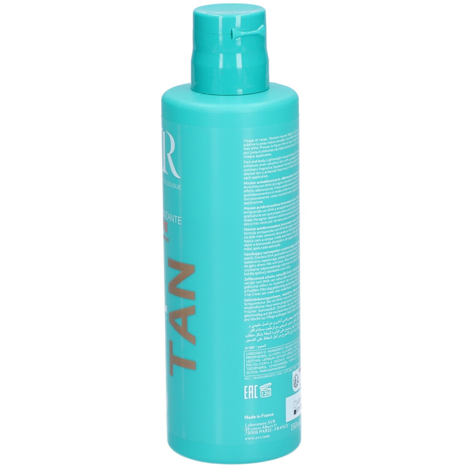 Flacon turquoise avec texte blanc. Inscription : SVR, Mousse Autobronzante Sun Secure, Natural Tan, Moisturising Mousse. Avec le mot TAN.
