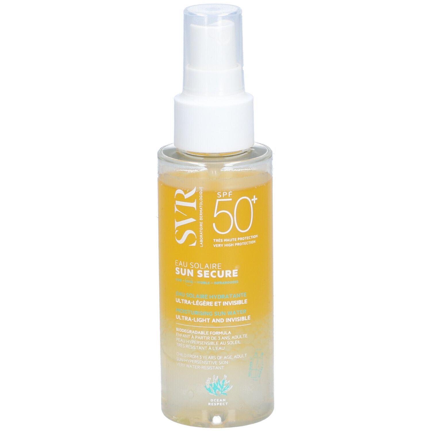 Flacon transparent avec vaporisateur blanc. Inscriptions : SVR, SPF 50+, Eau Solaire Sun Secure.