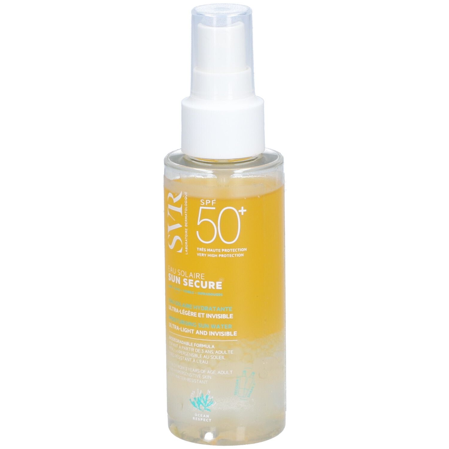Flacon transparent avec vaporisateur blanc. Inscriptions : SVR, SPF 50+, Eau Solaire Sun Secure.
