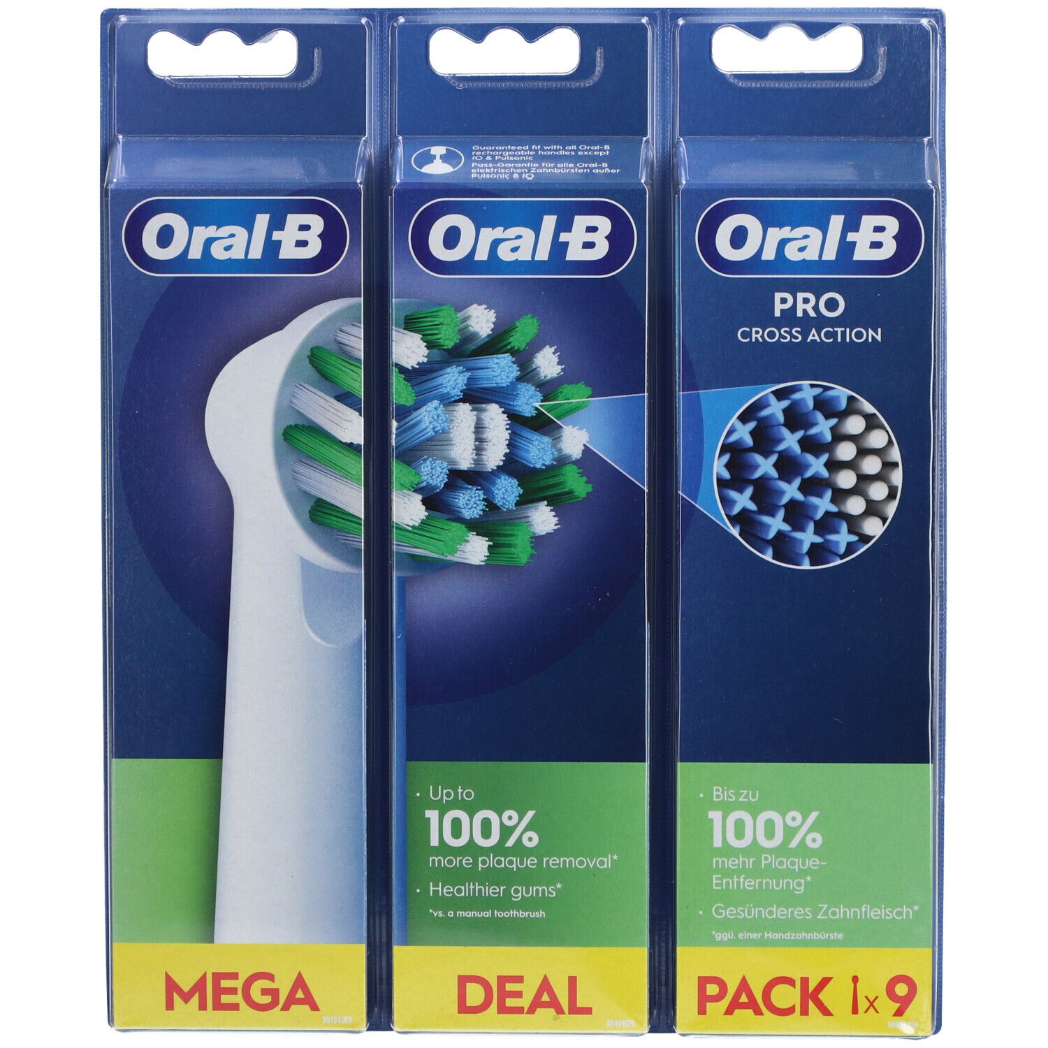 Tandenborstelkoppen in verpakking. Oral-B Pro CrossAction. Verschillende borstelconfiguraties. Tekst: 'Tot 100% meer plaque verwijdering'.