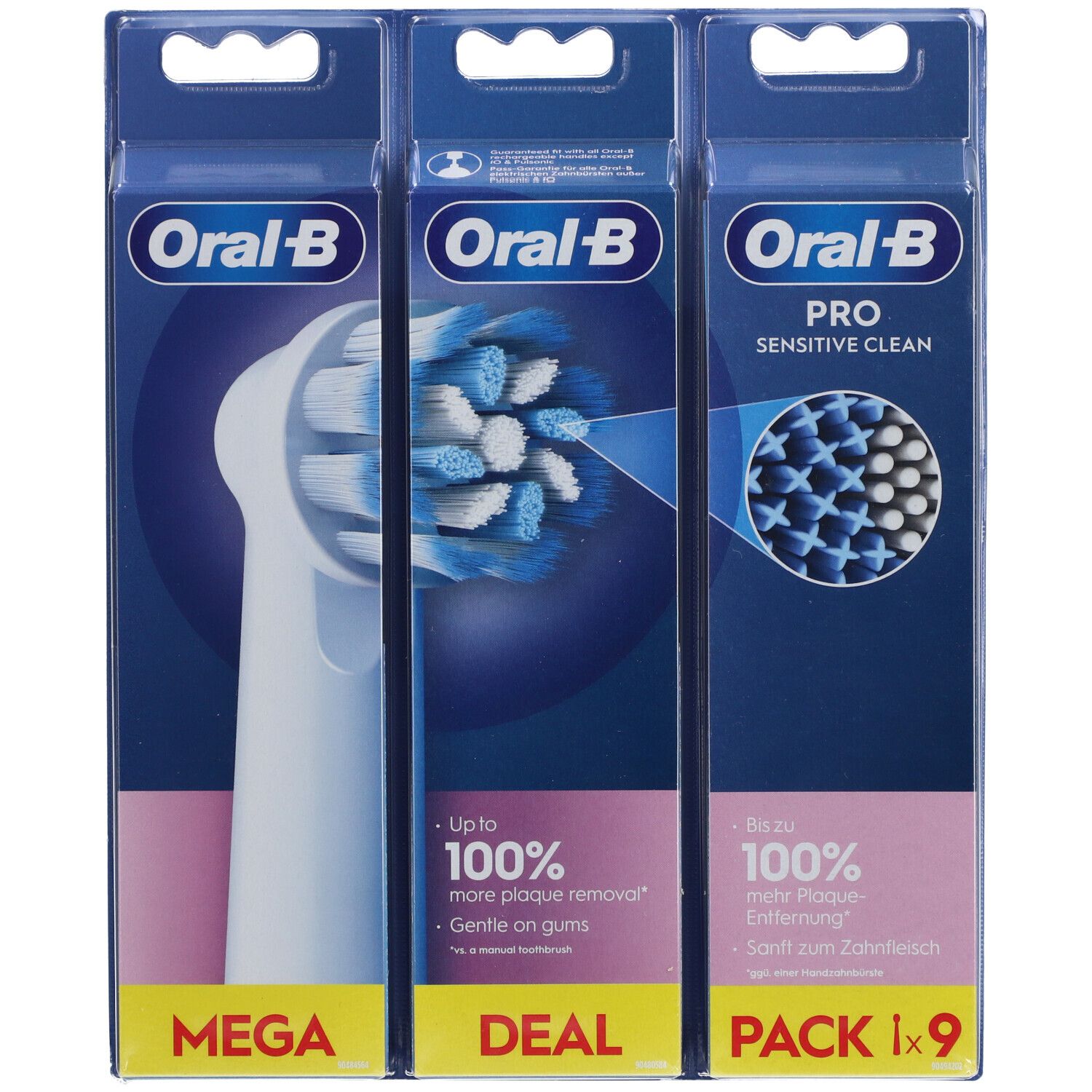Drei Packungen Oral-B Sensitive Clean Aufsteckbürsten. Blaue und weiße Borsten. "MEGA DEAL" und "PACK x 9" Beschriftung.