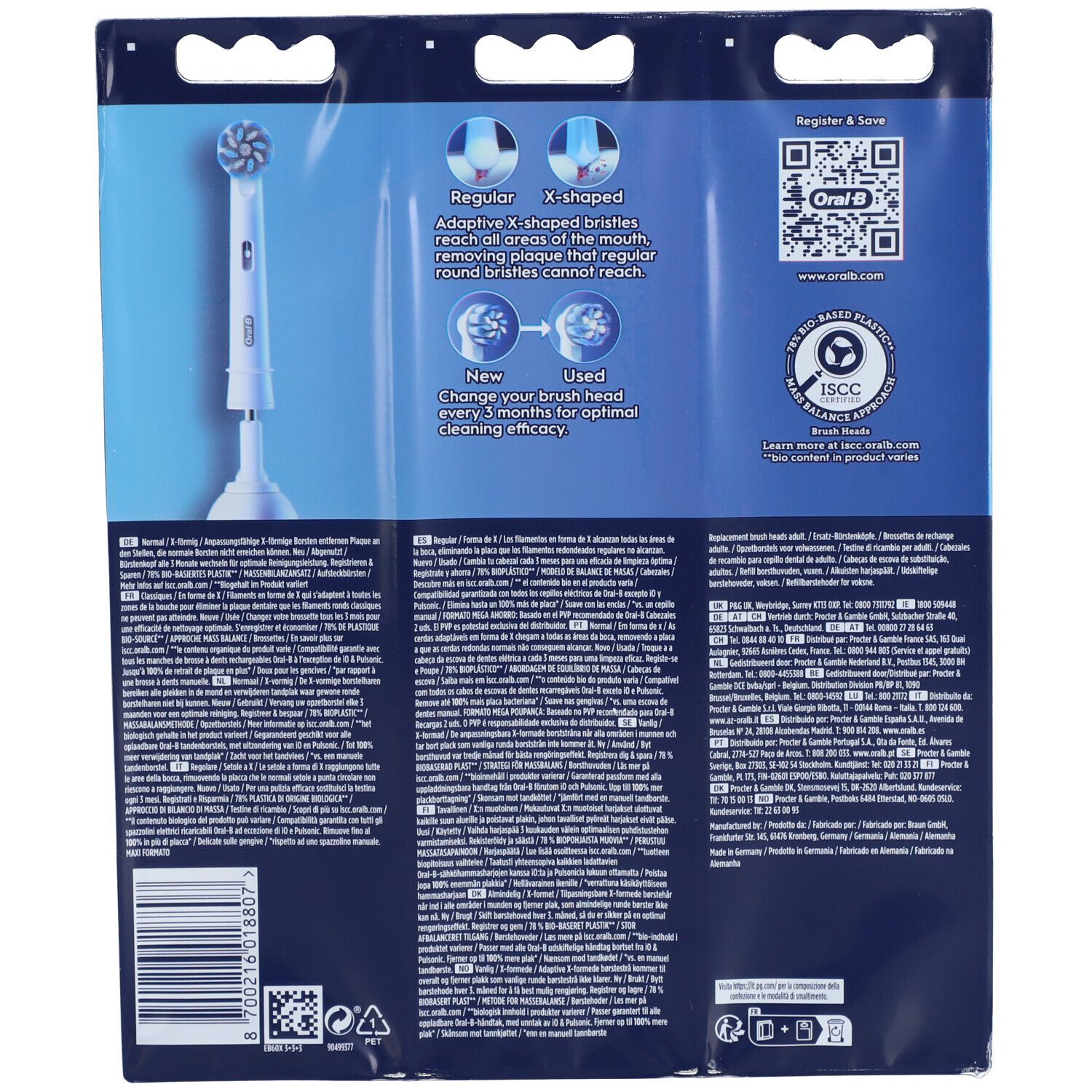 Rückseite der Oral-B Sensitive Clean Verpackung. Informationen zu Bürstenköpfen und ISCC-Zertifizierung. QR-Code.
