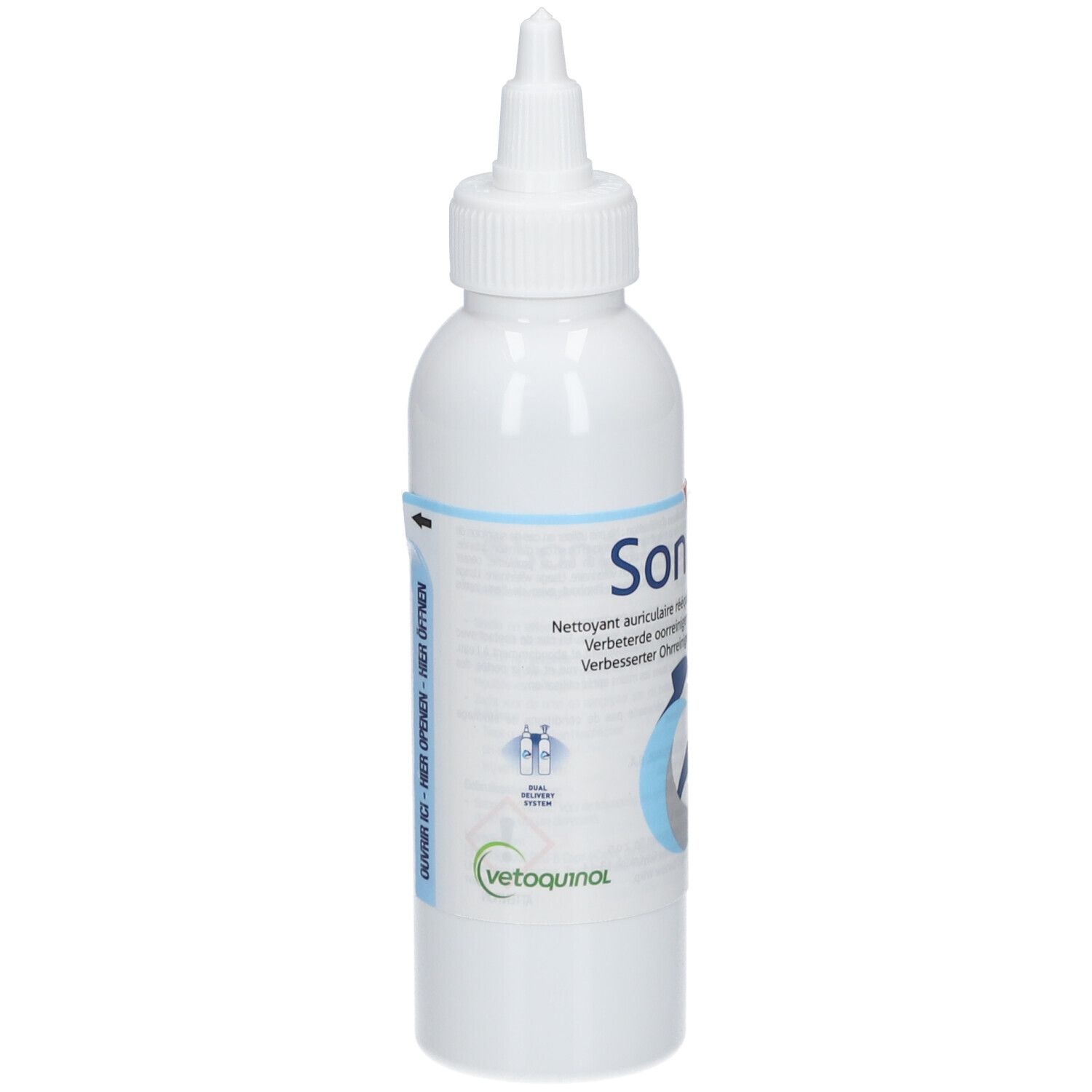 Weiße Flasche mit Applikator-Spitze, Vetoquinol Sonotix Ohrenreiniger.