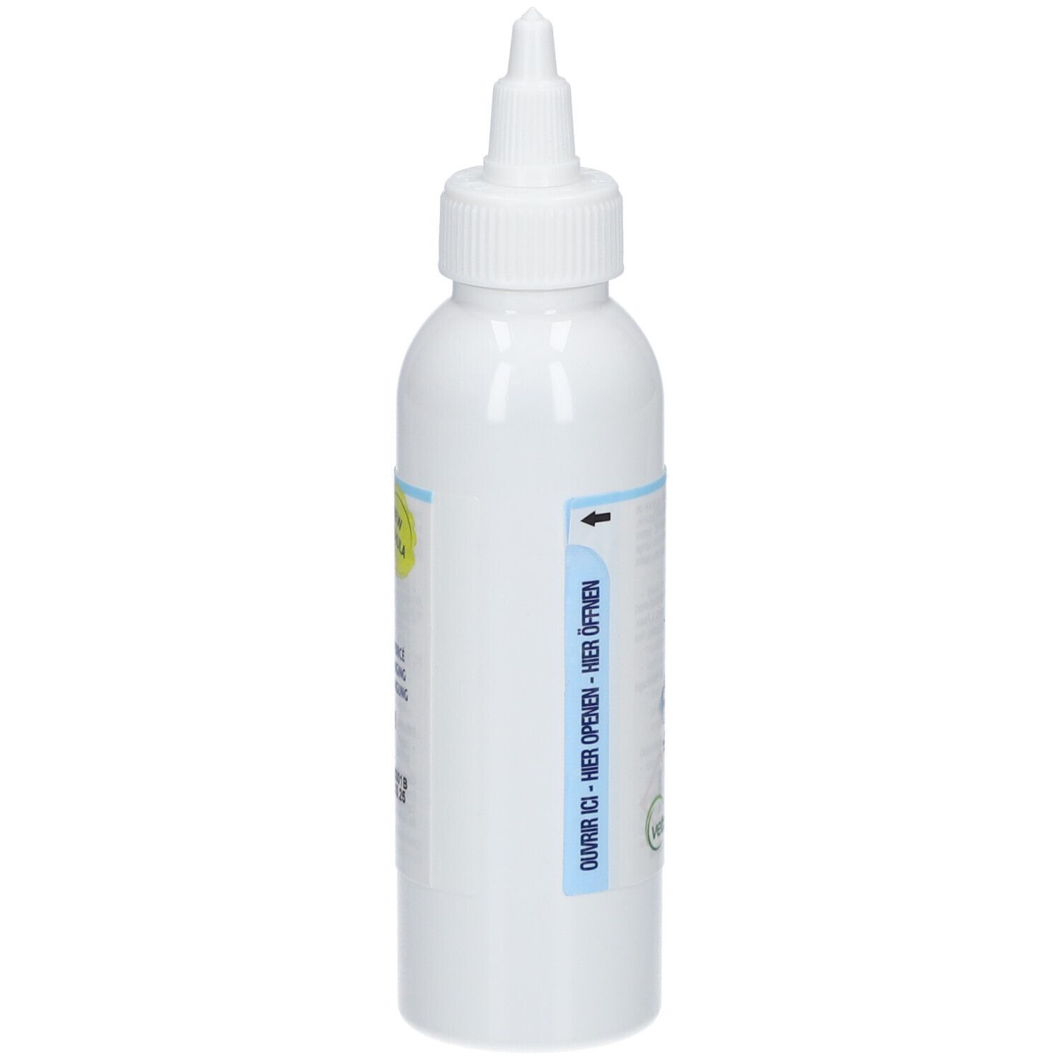 Weiße Kunststoffflasche mit schmalem Applikatoraufsatz und Schraubverschluss. Etiketten mit Text und Symbolen.