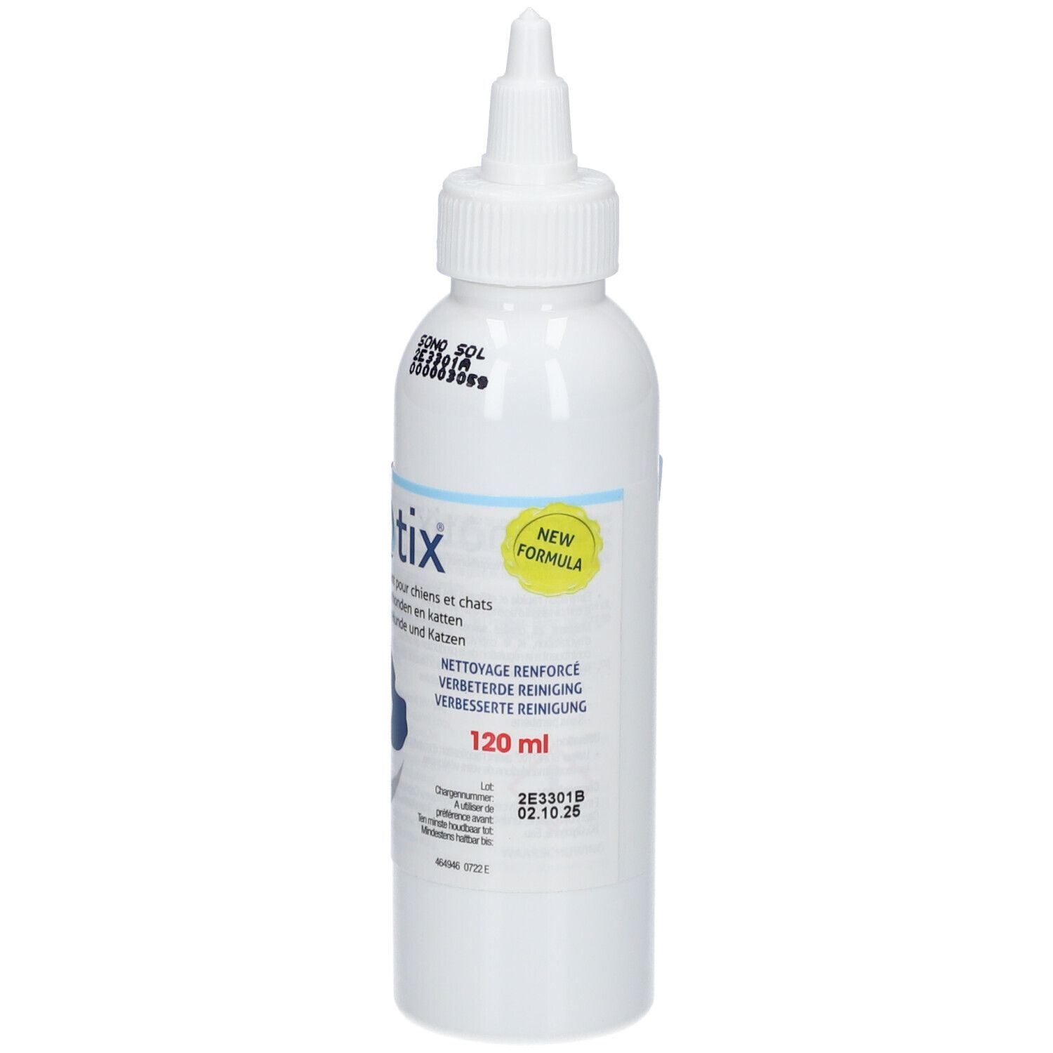 Weiße Flasche mit Tropfverschluss, 120 ml. Enthält "New Formula" Aufkleber.