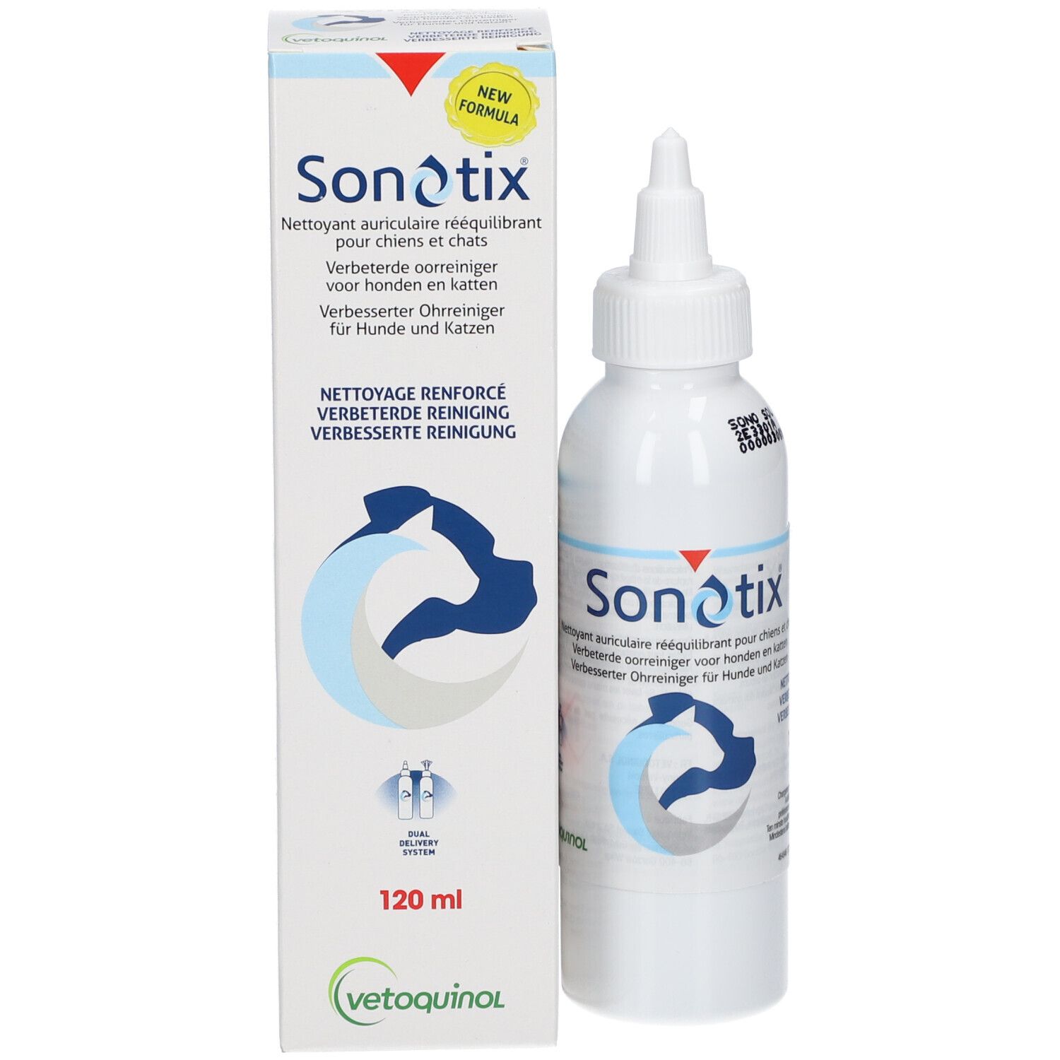 Sonotix Ohrenreiniger Flasche und Karton, 120 ml.