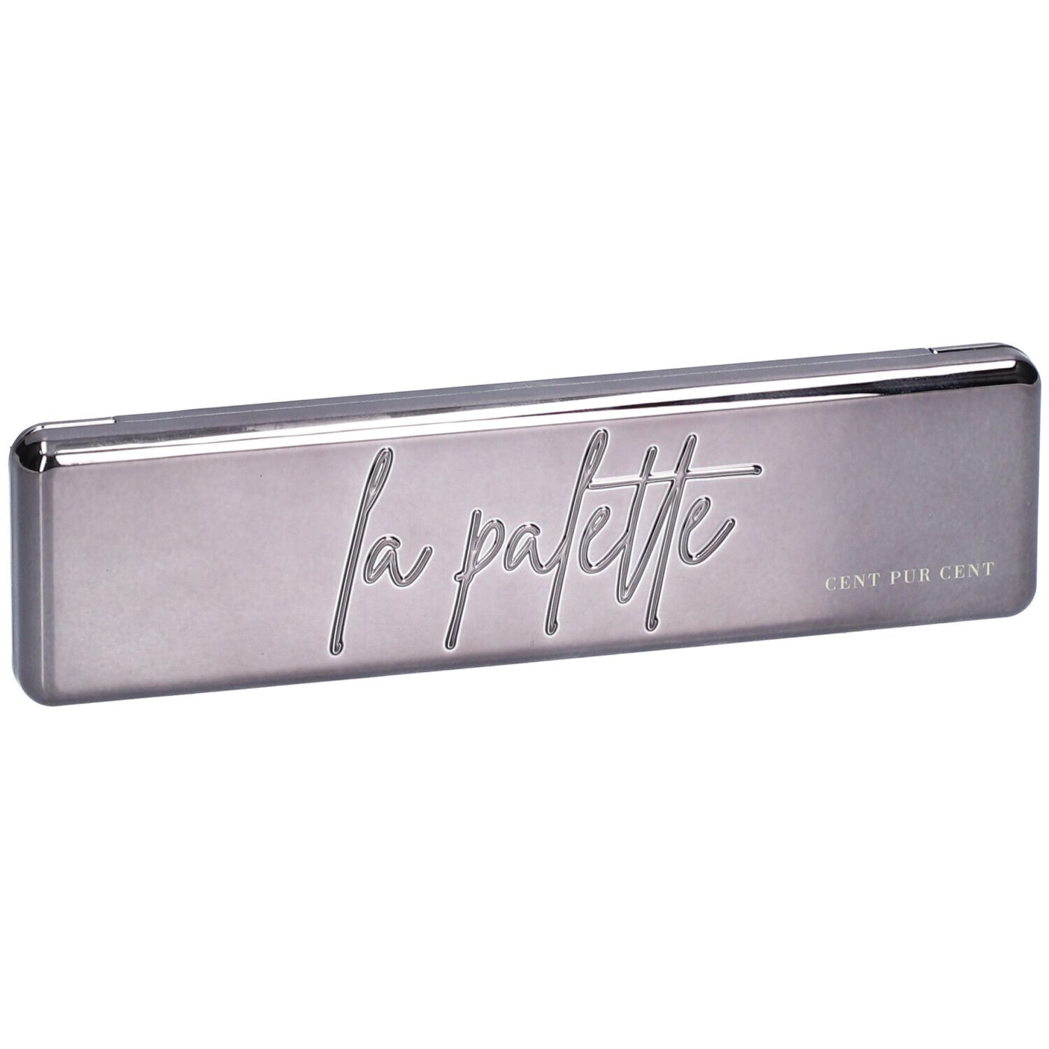 Graue, rechteckige Kosmetikpalette mit geprägtem Schriftzug "la palette" und "CENT PUR CENT".