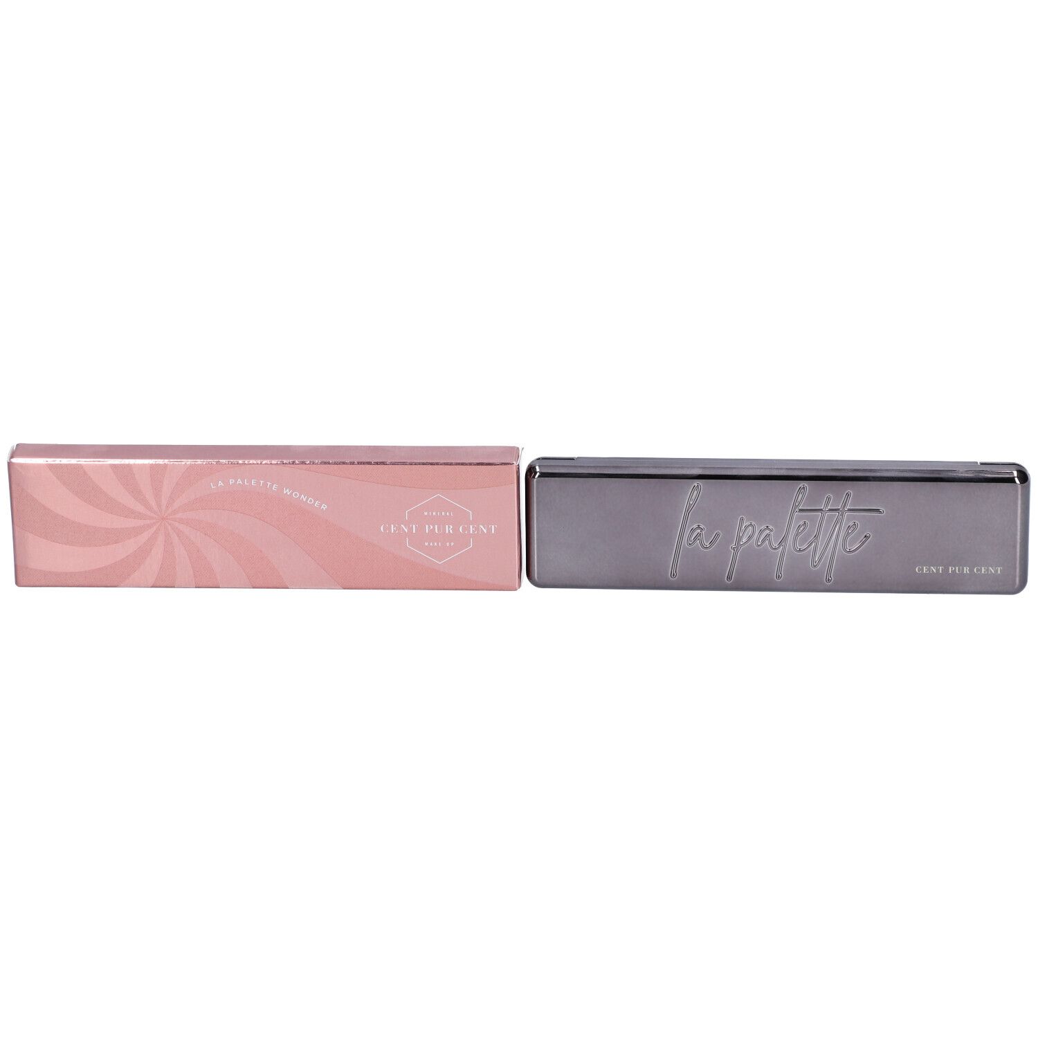 Graue Kosmetikpalette neben einer rosa Verpackung. Auf der Verpackung steht "LA PALETTE WONDER".