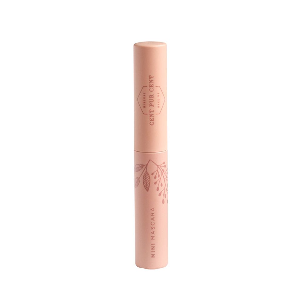 Mini-mascara noir, tube rose avec texte et motif floral.