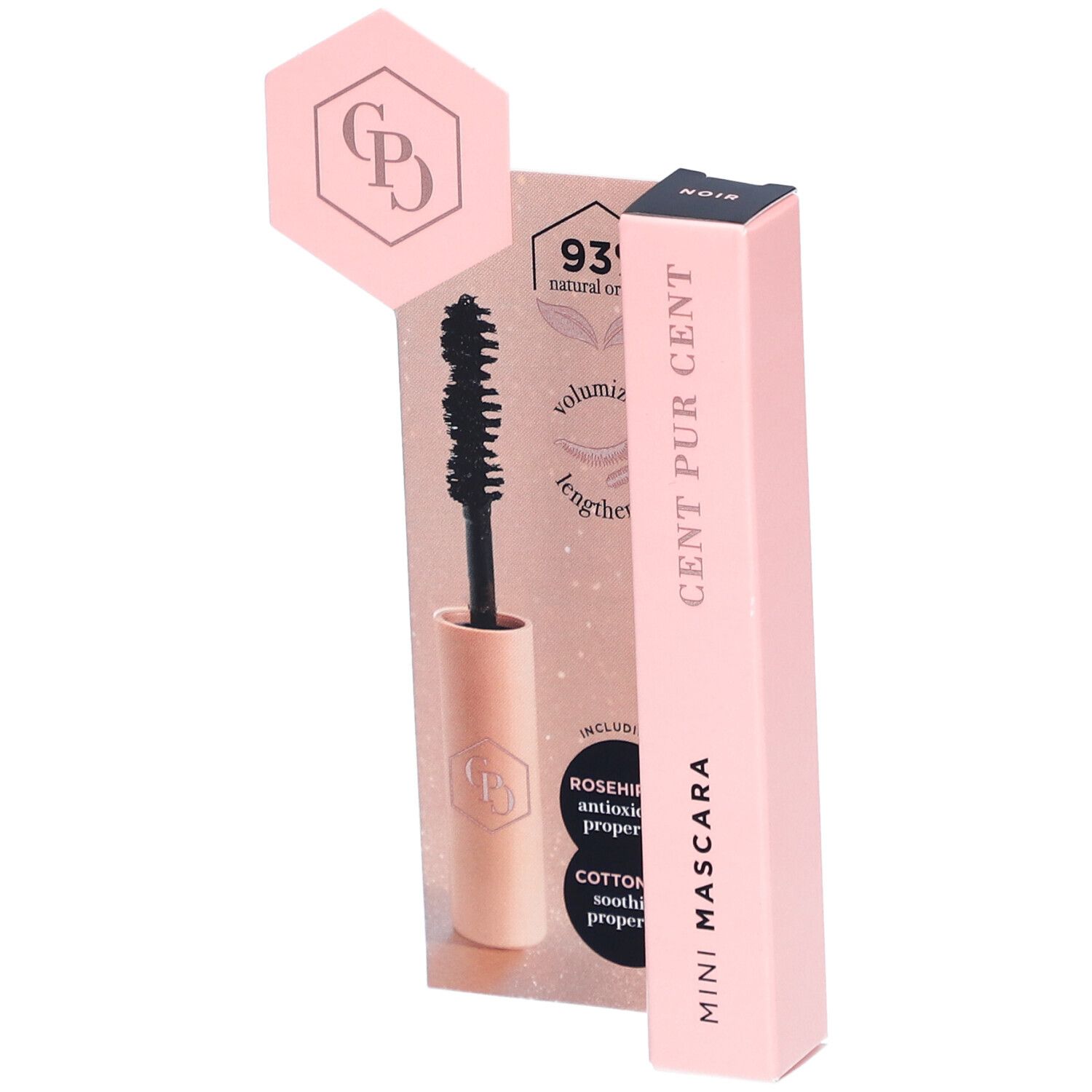 Mini-mascara noir, emballage avec mascara et brosse. Emballage rose avec texte et logo.
