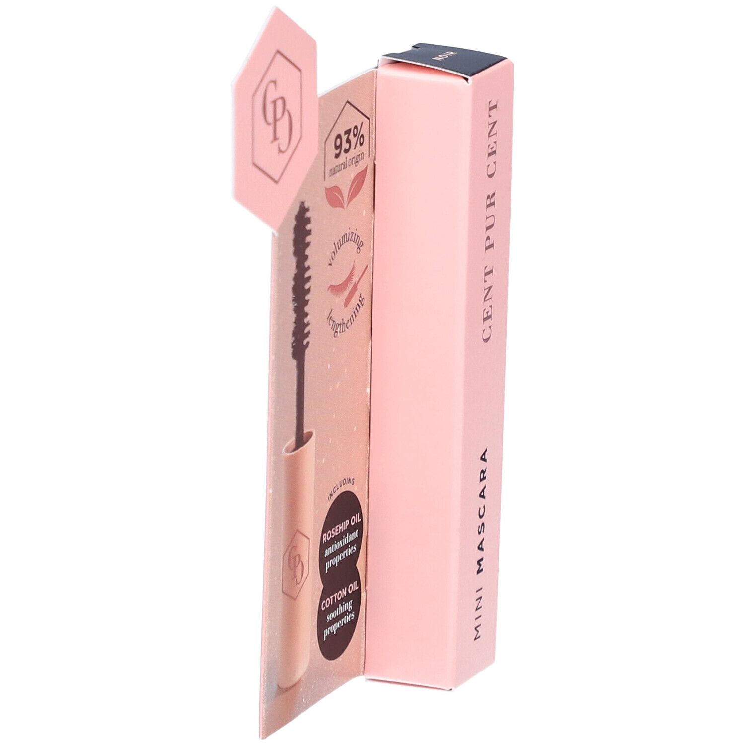 Mini-mascara noir, emballage avec mascara et brosse. Emballage rose avec texte et logo.