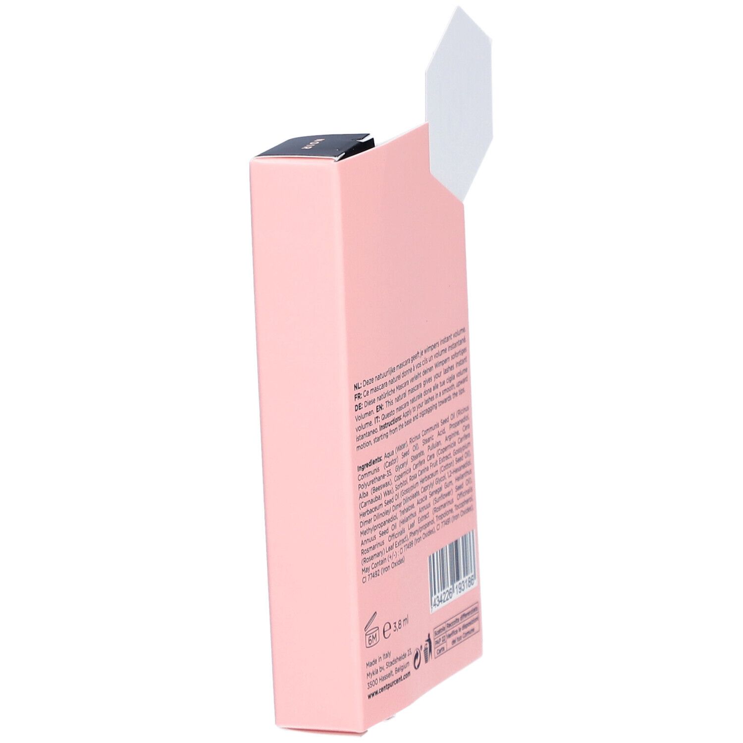 Emballage ouvert du mini-mascara noir. Boîte rose avec texte.