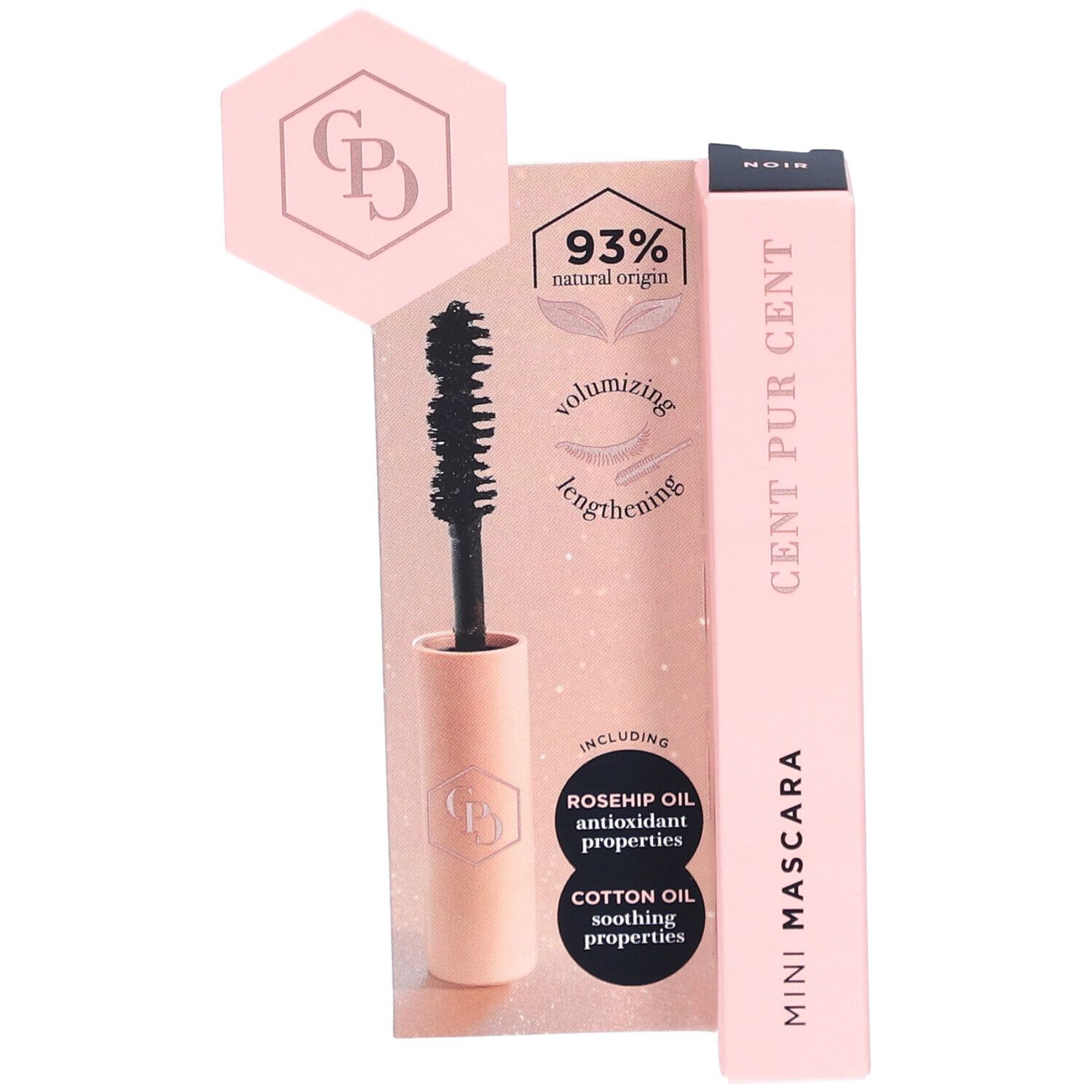 Mini-mascara noir, emballage avec mascara et brosse. Emballage rose avec texte et logo.
