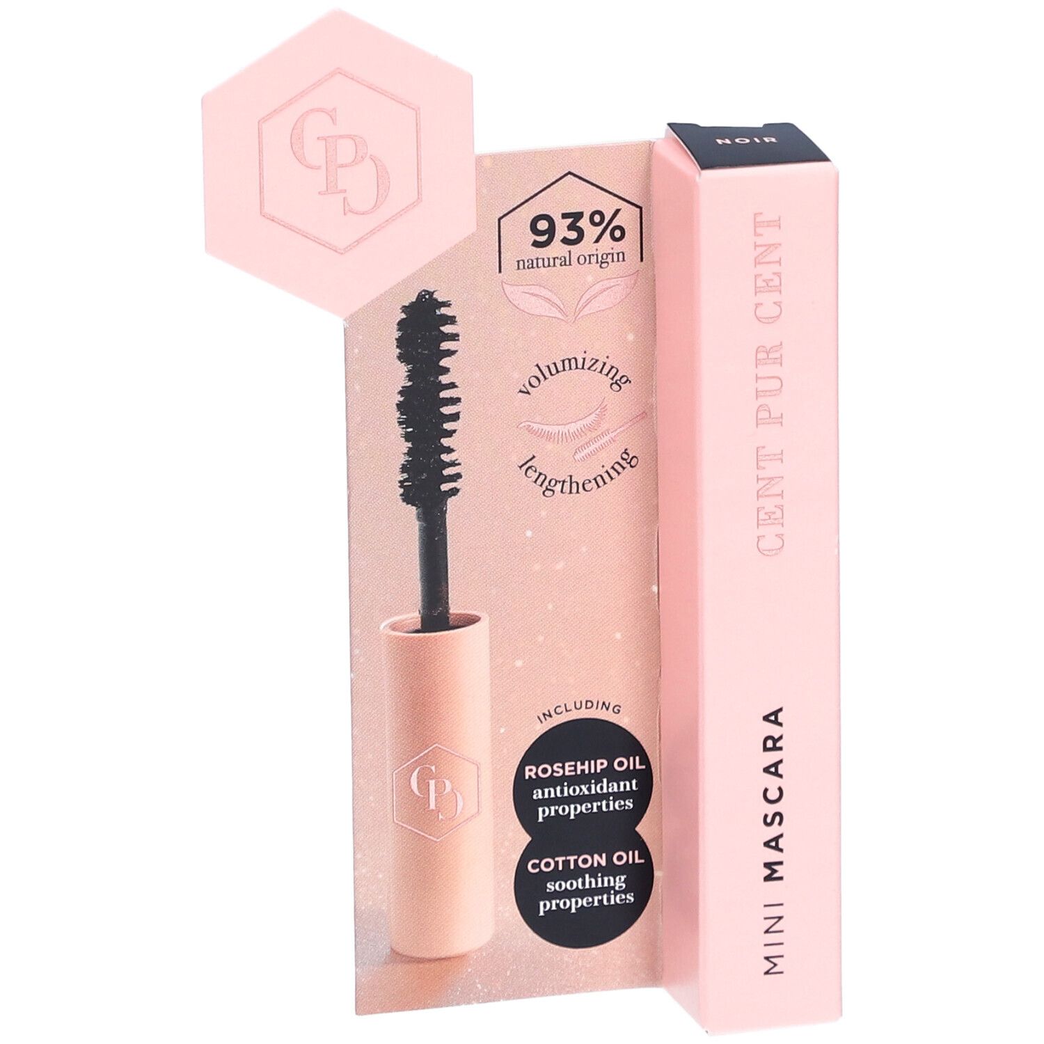 Mini-mascara noir, emballage avec mascara et brosse. Emballage rose avec texte et logo.