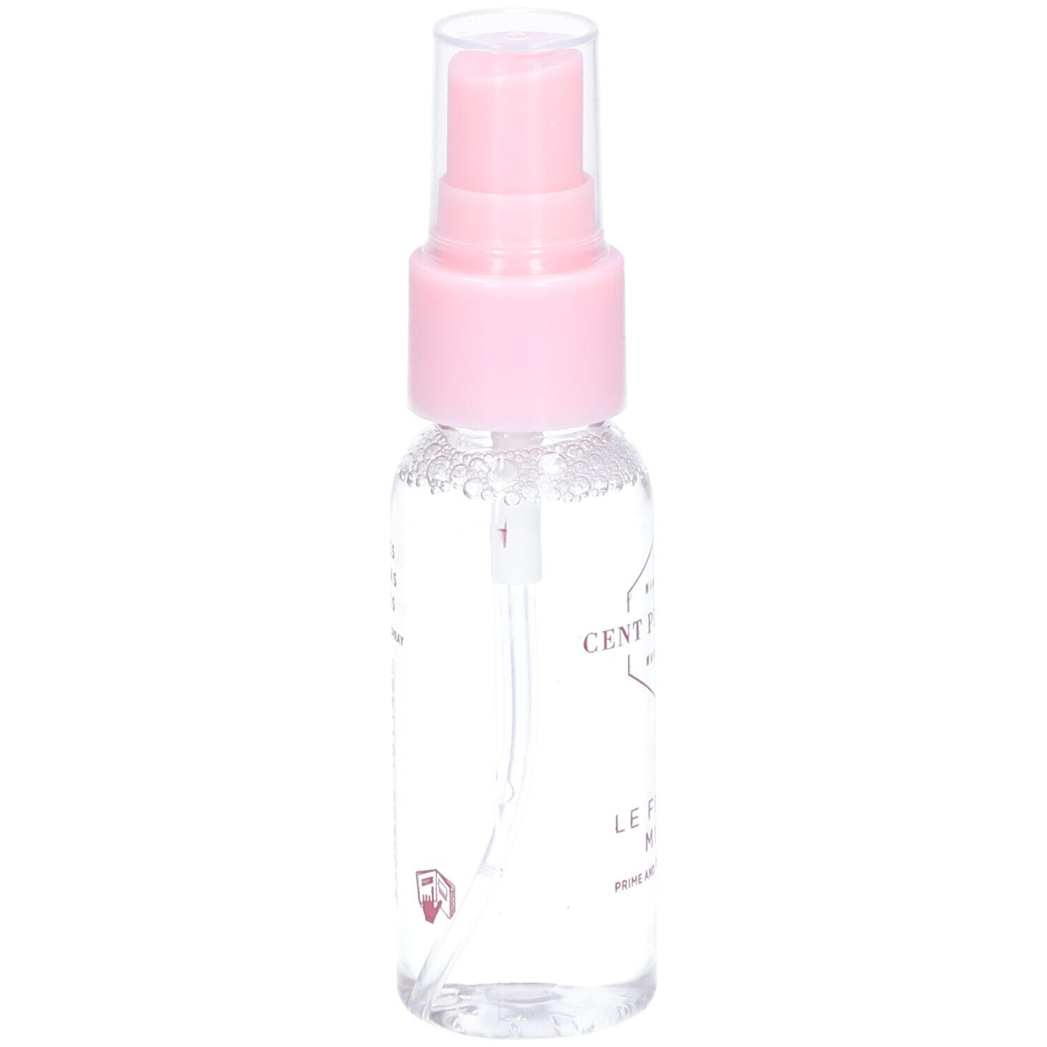 Transparante sprayfles met roze sproeikop. Opschrift: Cent Pur Cent, Le Fixeur Mini.