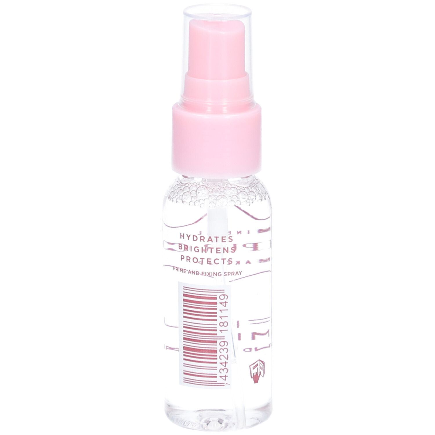 Transparante sprayfles met roze sproeikop. Opschrift: Cent Pur Cent, Le Fixeur Mini. Barcode.