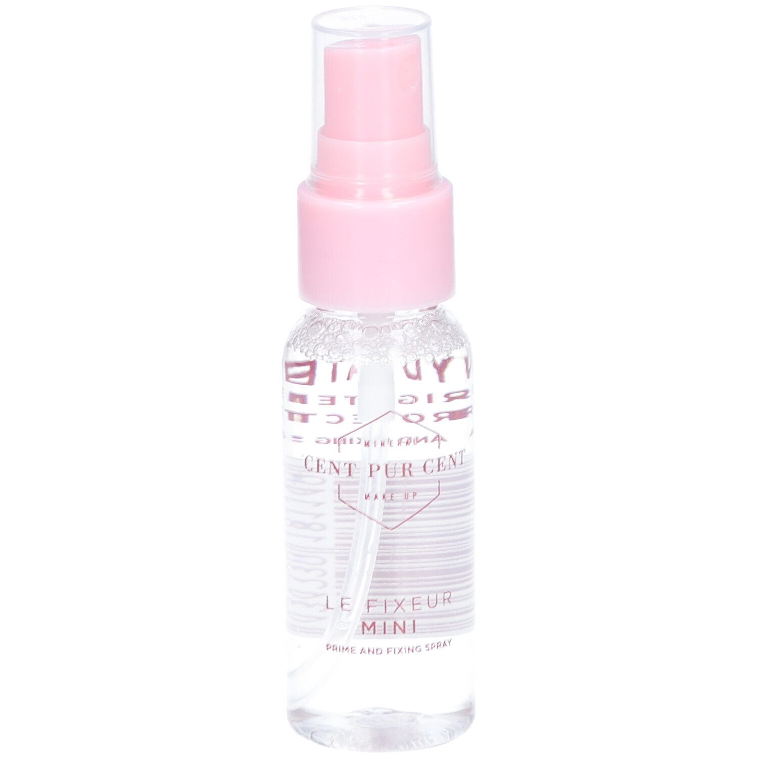Transparante sprayfles met roze sproeikop. Opschrift: Cent Pur Cent, Le Fixeur Mini.