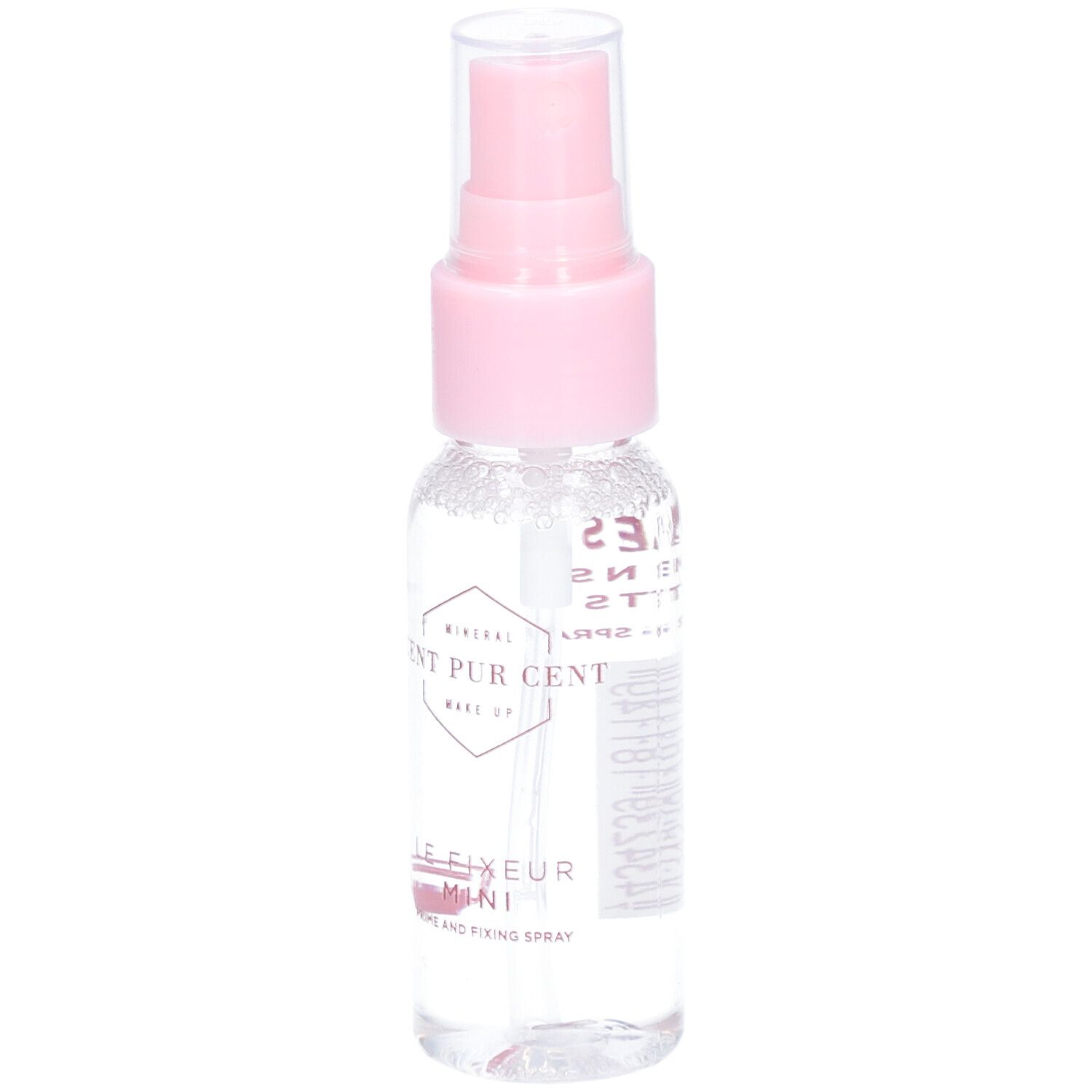 Transparante sprayfles met roze sproeikop. Opschrift: Cent Pur Cent, Le Fixeur Mini.