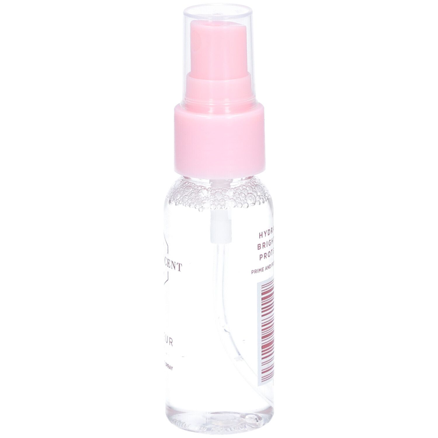 Transparante sprayfles met roze sproeikop. Opschrift: Cent Pur Cent, Le Fixeur Mini.