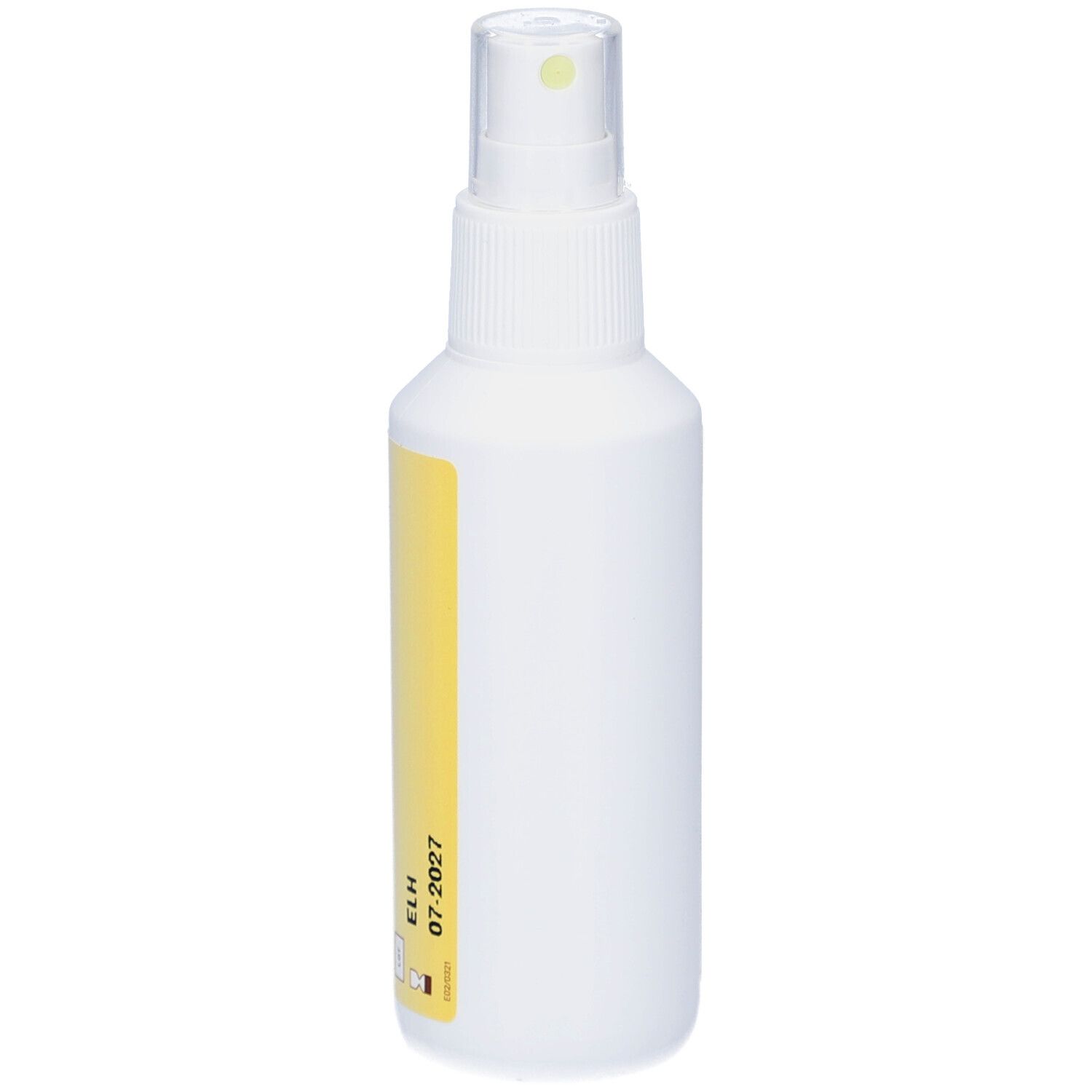 Weiße Sprayflasche mit gelbem Etikett. Aufschrift: ELH 07/2027. Transparenter Sprühkopf.