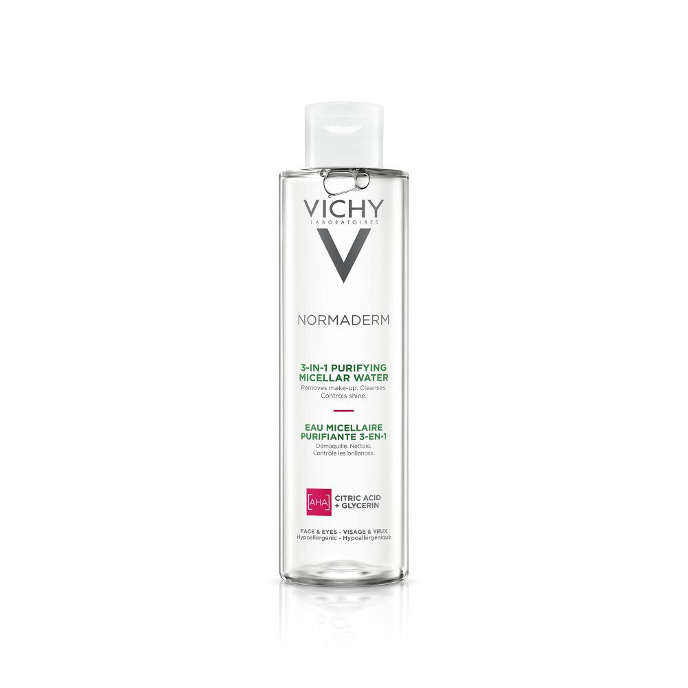 Flacon de Vichy Normaderm Eau Micellaire. Bouchon blanc. Inscription: Vichy, Normaderm, 3-en-1 Eau Micellaire.