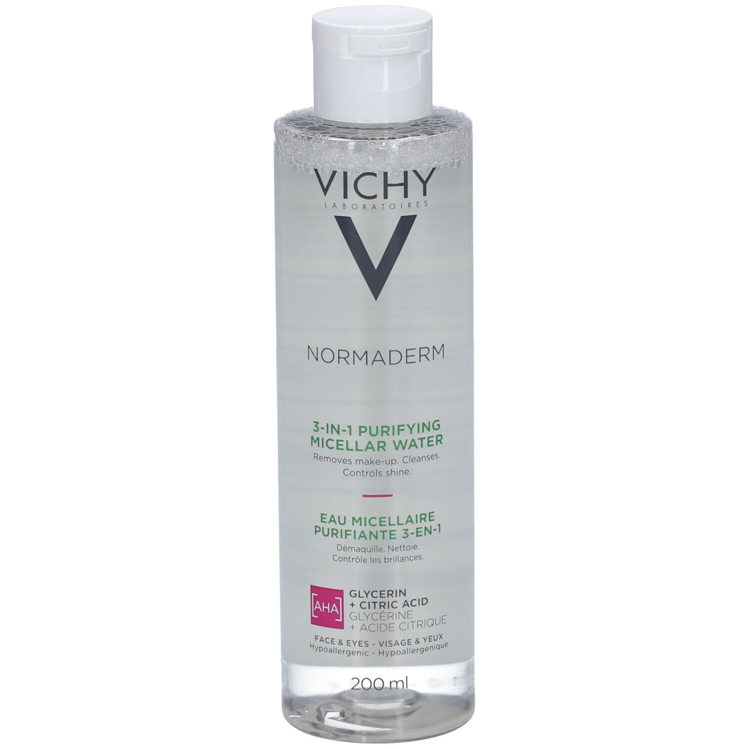 Flacon de Vichy Normaderm Eau Micellaire. Bouchon blanc. Inscription: Vichy, Normaderm, 3-en-1 Eau Micellaire.