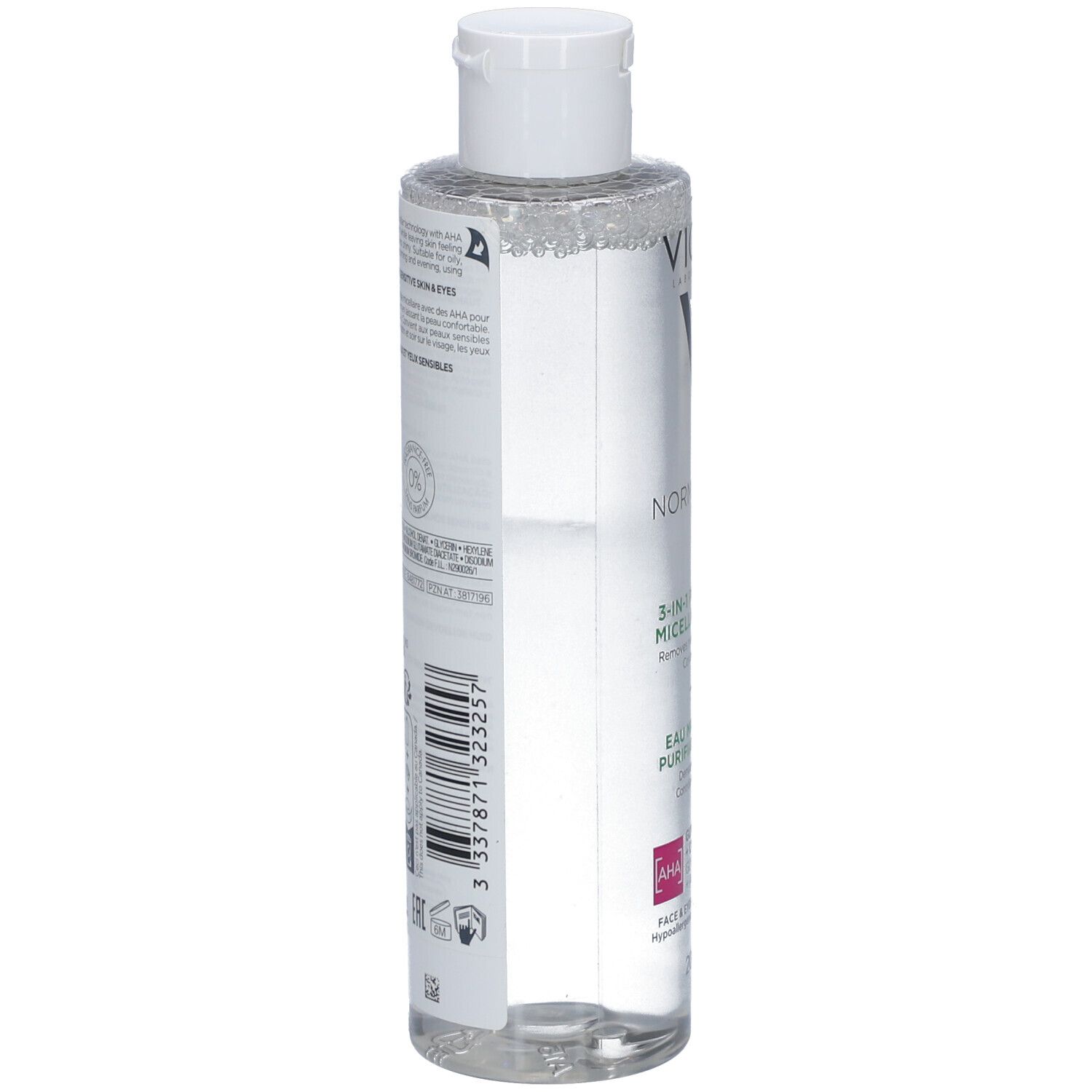 Flacon de Vichy Normaderm Eau Micellaire. Bouchon blanc. Étiquette avec texte et code-barres. Produit transparent.