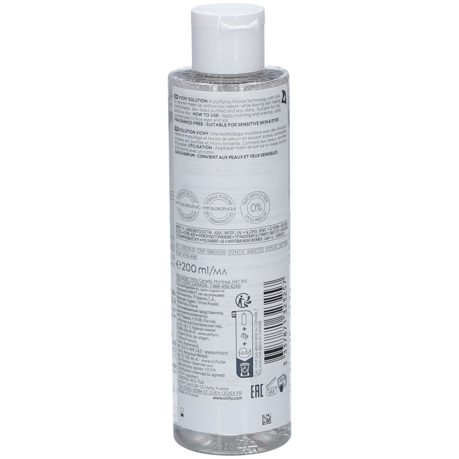 Dos du flacon de Vichy Normaderm Eau Micellaire. Bouchon blanc. Texte et code-barres sur l'étiquette.