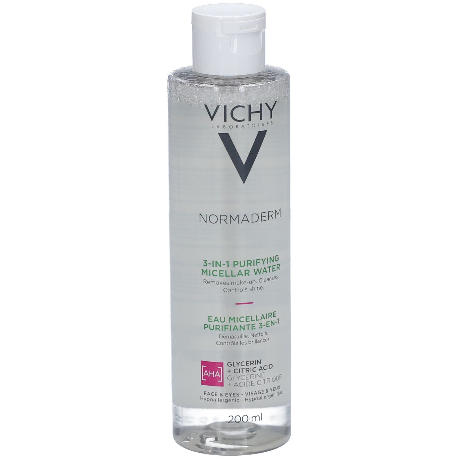 Flacon de Vichy Normaderm Eau Micellaire. Bouchon blanc. Inscription: Vichy, Normaderm, 3-en-1 Eau Micellaire.